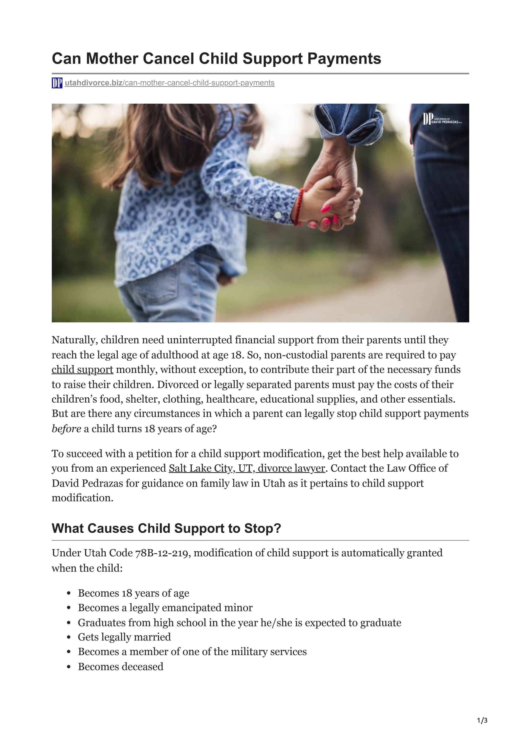 Can Mother Cancel Child Support Payments By Utah Divorce Attorney David