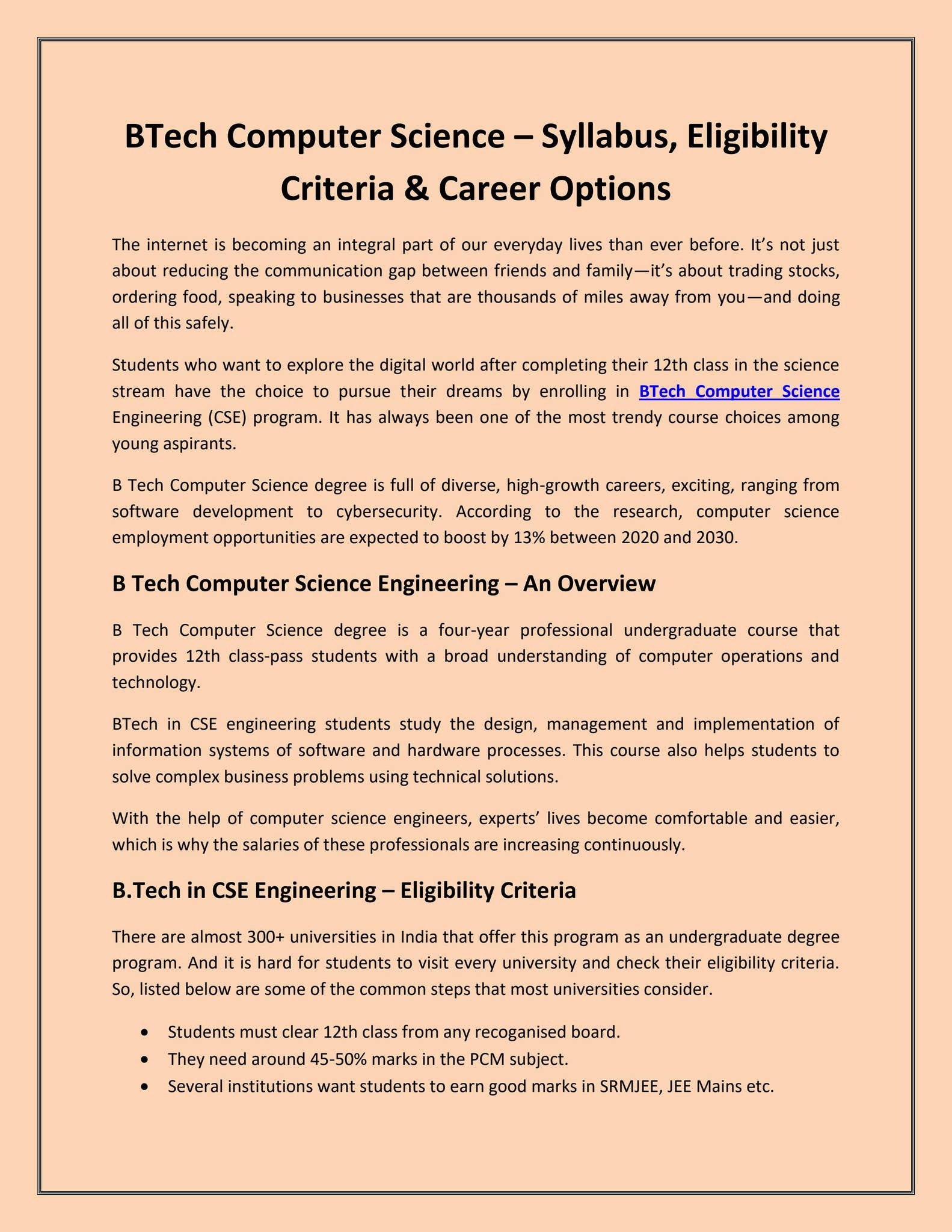 BTech Computer Science - Syllabus, Eligibility Criteria & Career ...