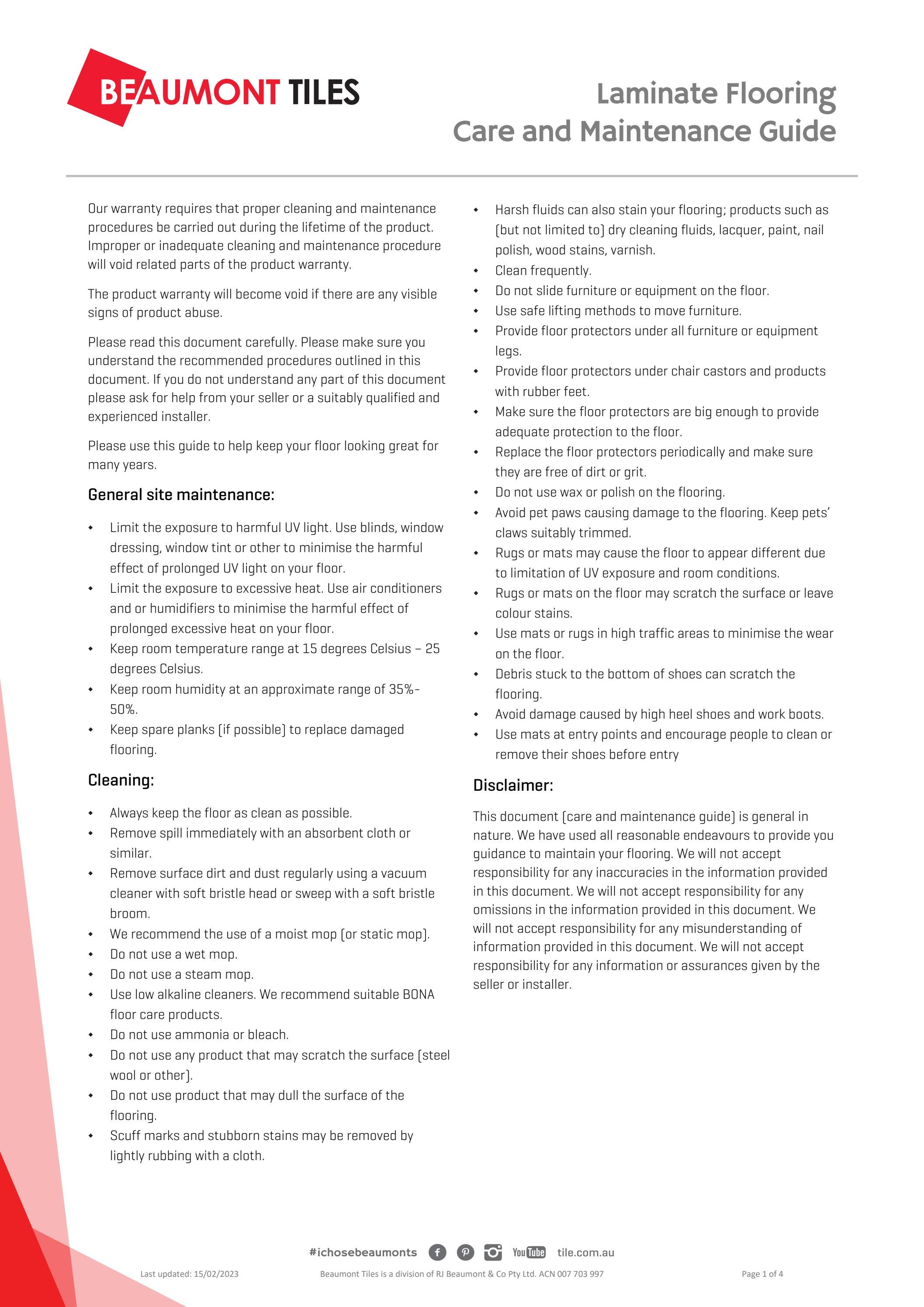 Laminate Flooring Warranty + Care and Maintenance Guide by Beaumont