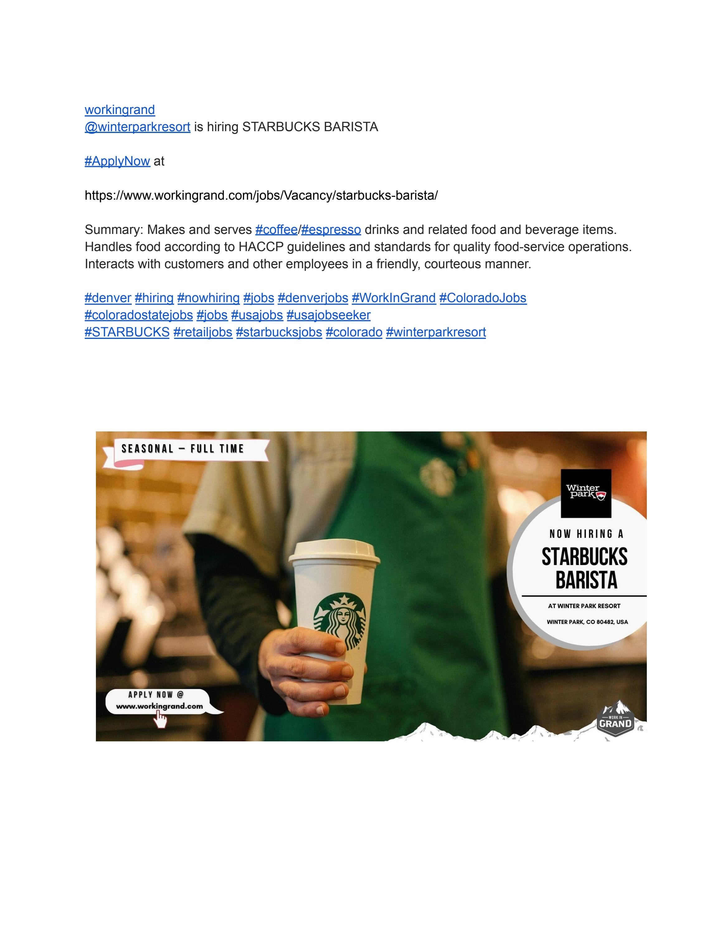 workingrand winterparkresort is hiring STARBUCKS BARISTA by