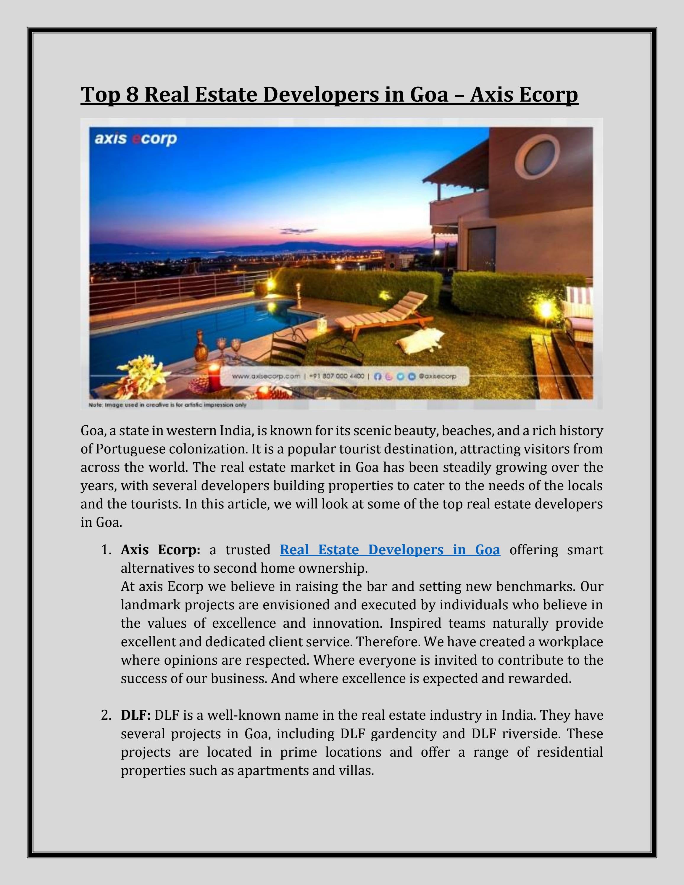 Top 8 Real Estate Developers in Goa Axis Ecorp by Axisecorp