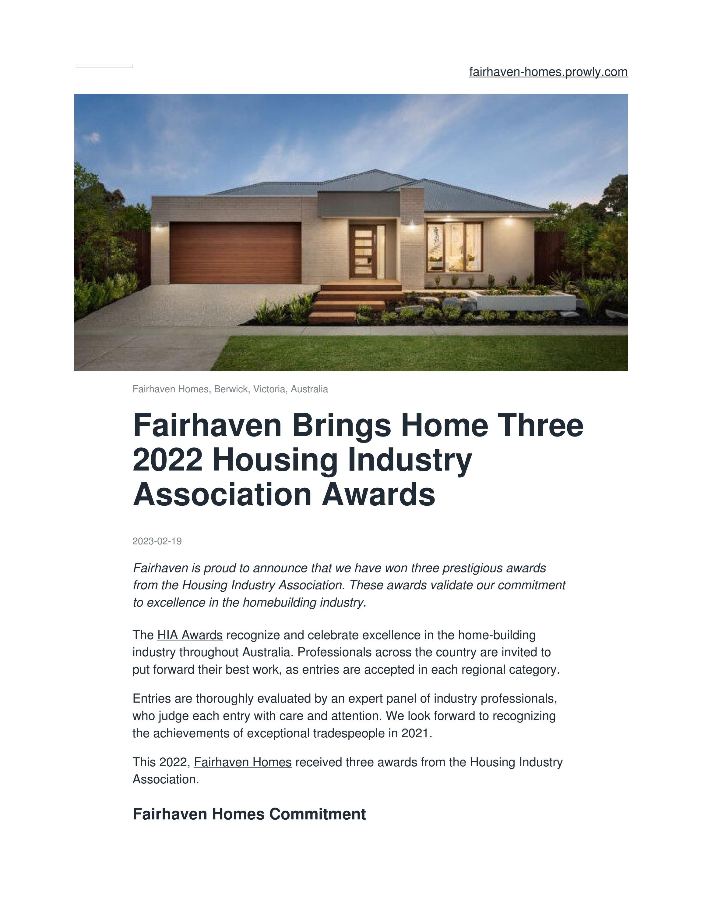 Fairhaven Brings Home Three 2022 Housing Industry Association Awards by