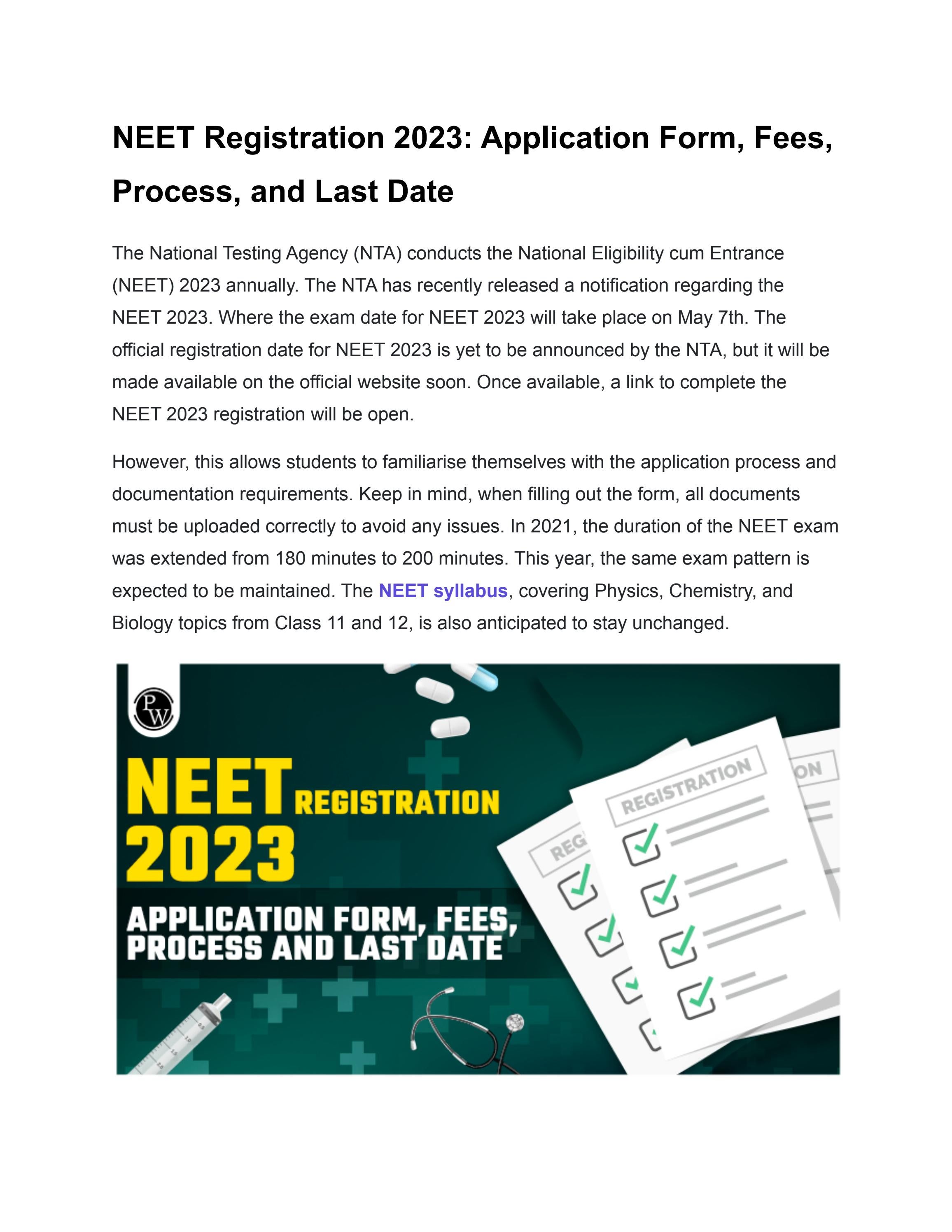 NEET Registration 2023: Application Form, Fees, Process and Last Date | PW  by Krati Saraswat - Issuu