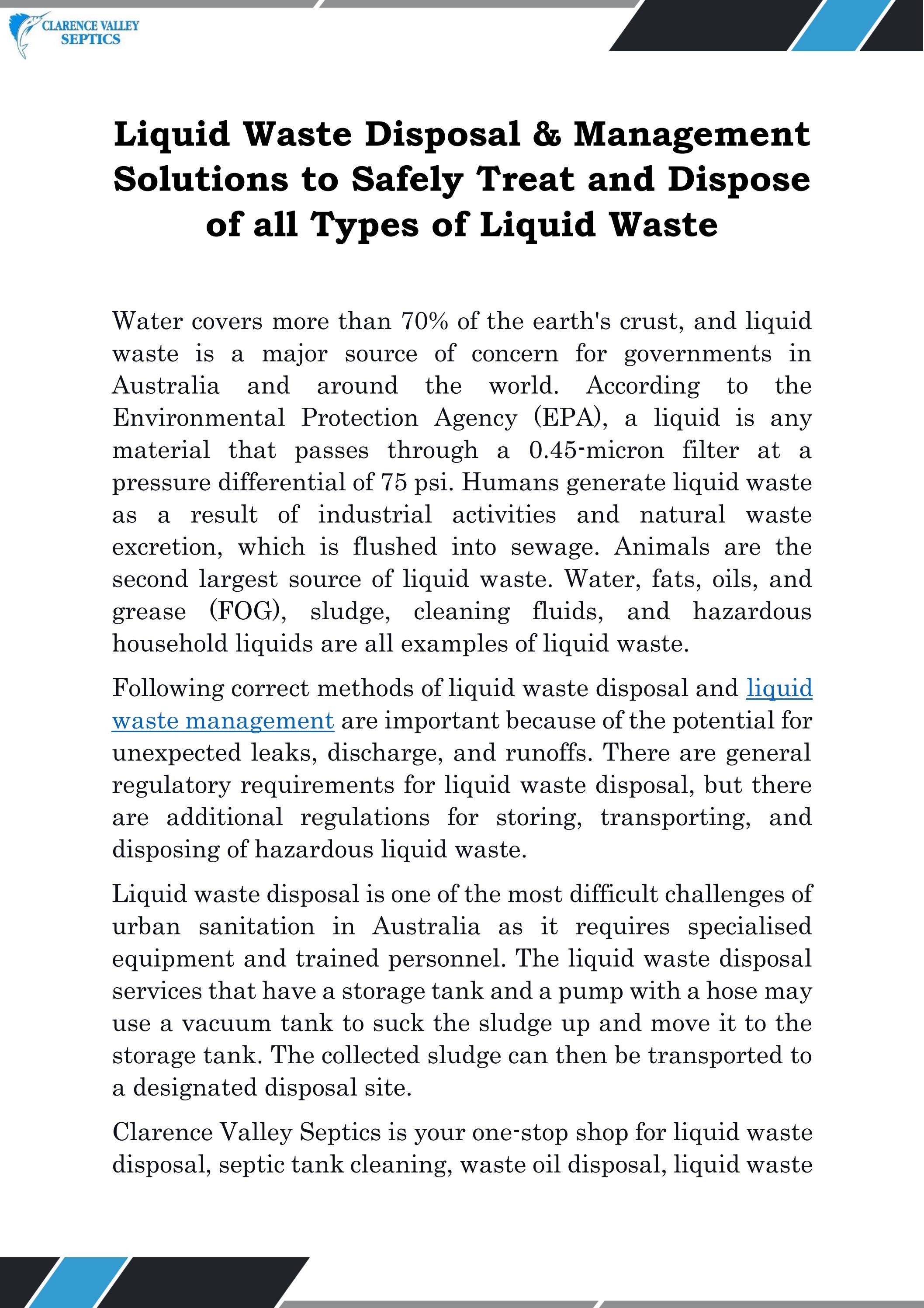 Liquid Waste Disposal & Management Solutions to Safely Treat and