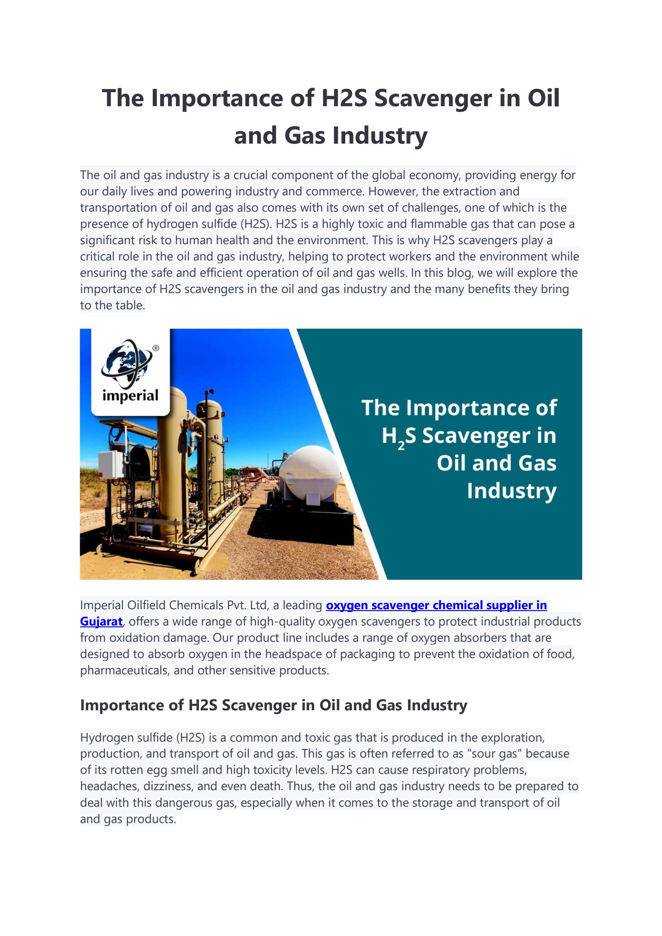 The Importance of H2S Scavenger in Oil and Gas Industry by imperialchem Issuu