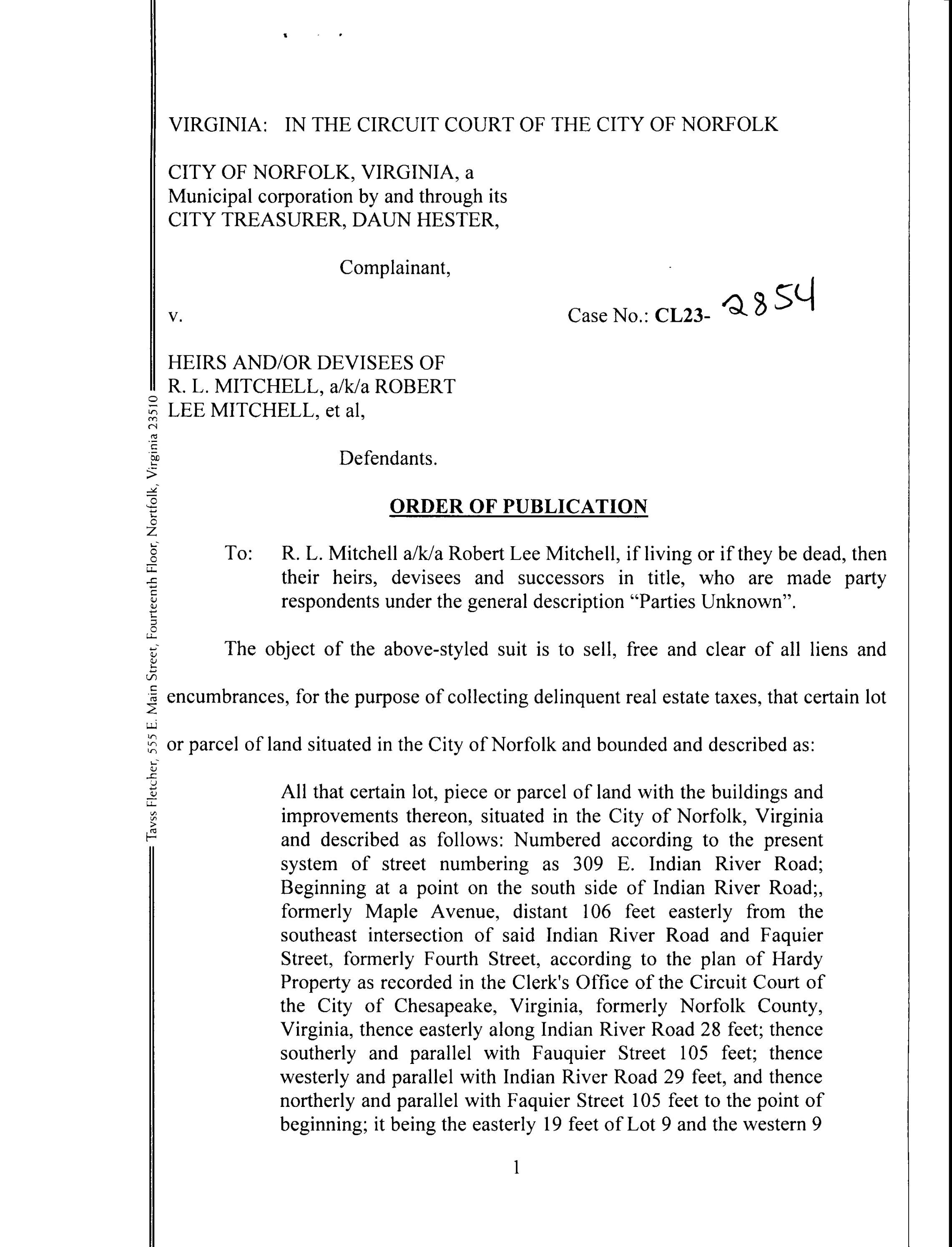 CL232854 ORDER OF PUBLICATION by Norfolk Circuit Court Clerk's Office