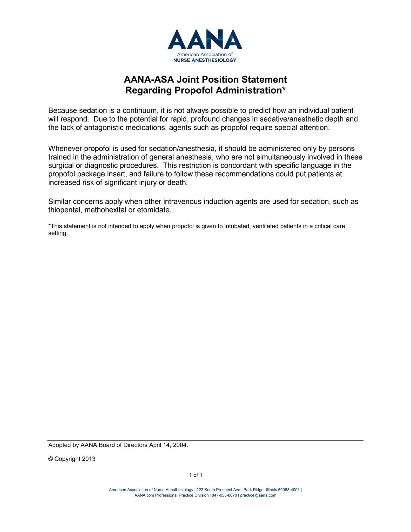AANA-ASA Joint Position Statement Regarding Propofol Administration* by ...
