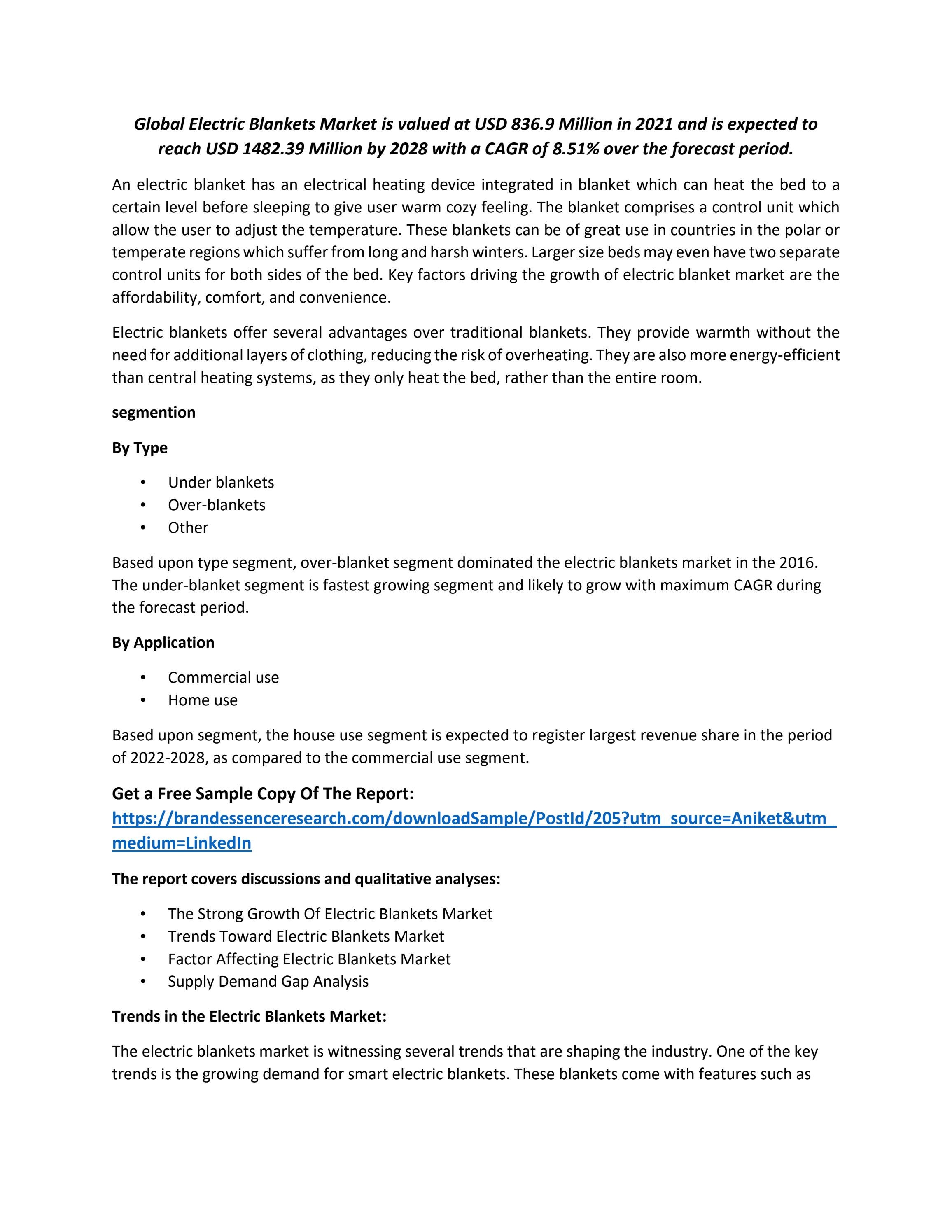 Electric blanket Market Share, Size, Trends, Growth, Industry Demand