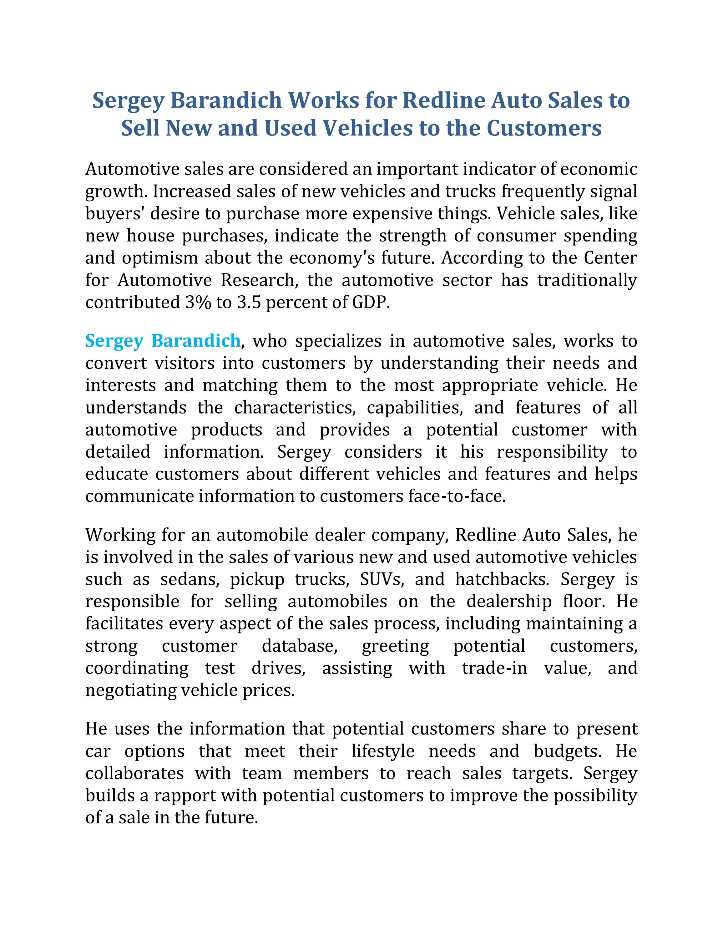 Sergey Barandich Works for Redline Auto Sales to Sell New and Used