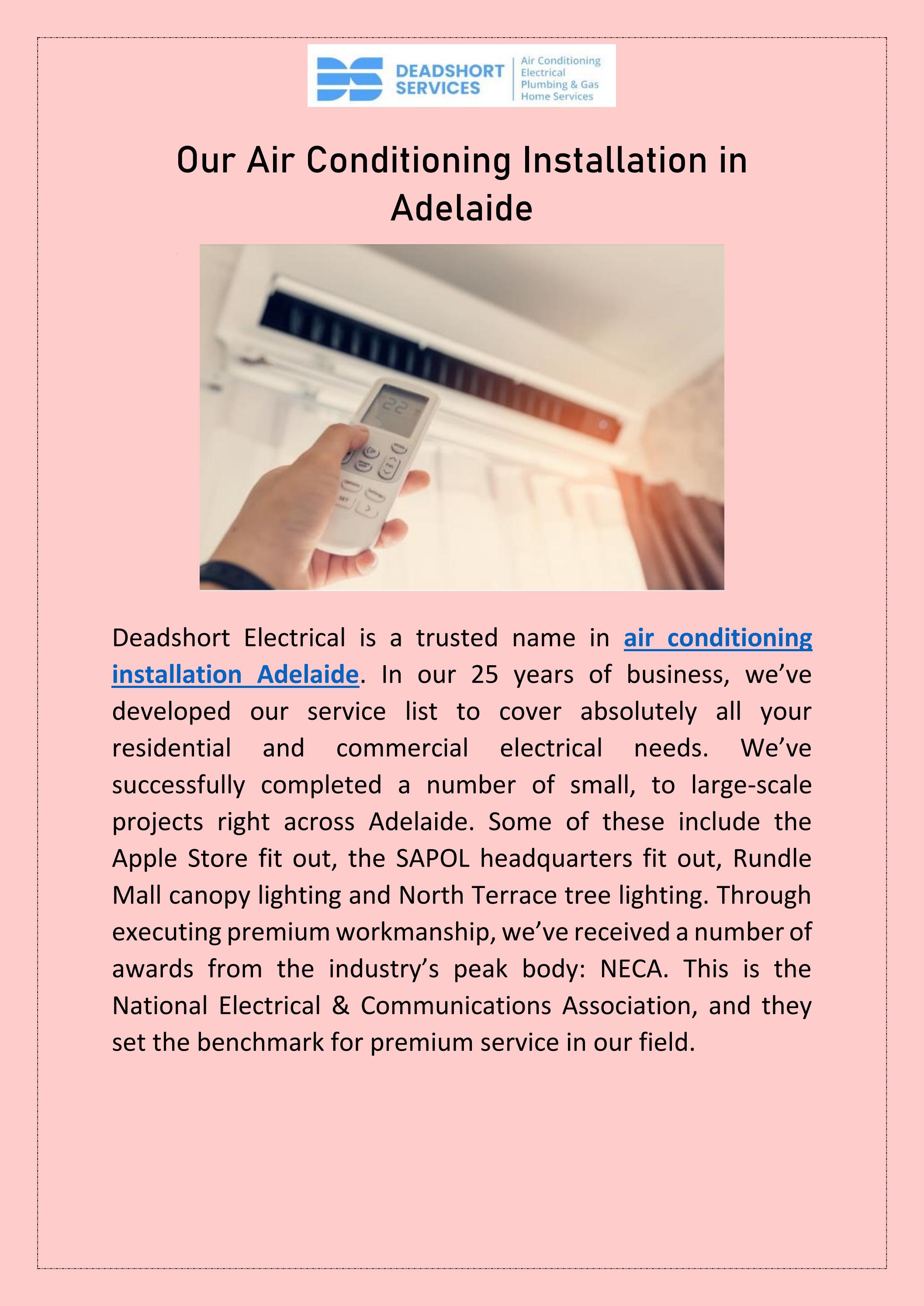 Our Air Conditional Installation in Adelaide by Deadshort Electrical