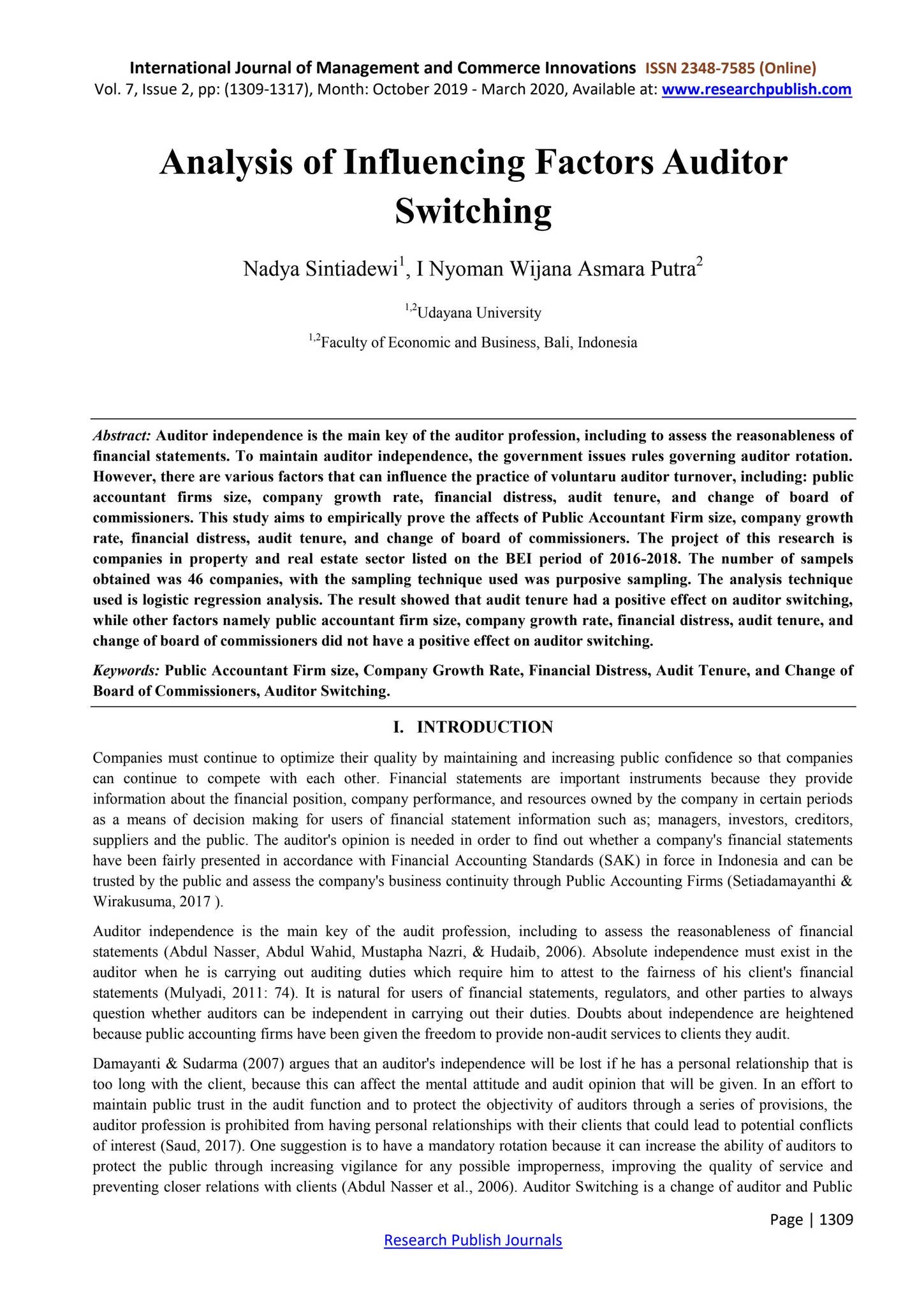 Analysis of Influencing Factors Auditor Switching by Research Publish ...