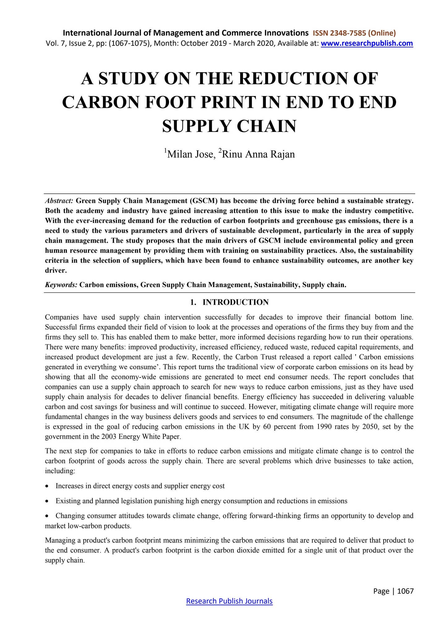 A STUDY ON THE REDUCTION OF CARBON FOOT PRINT IN END TO END SUPPLY ...