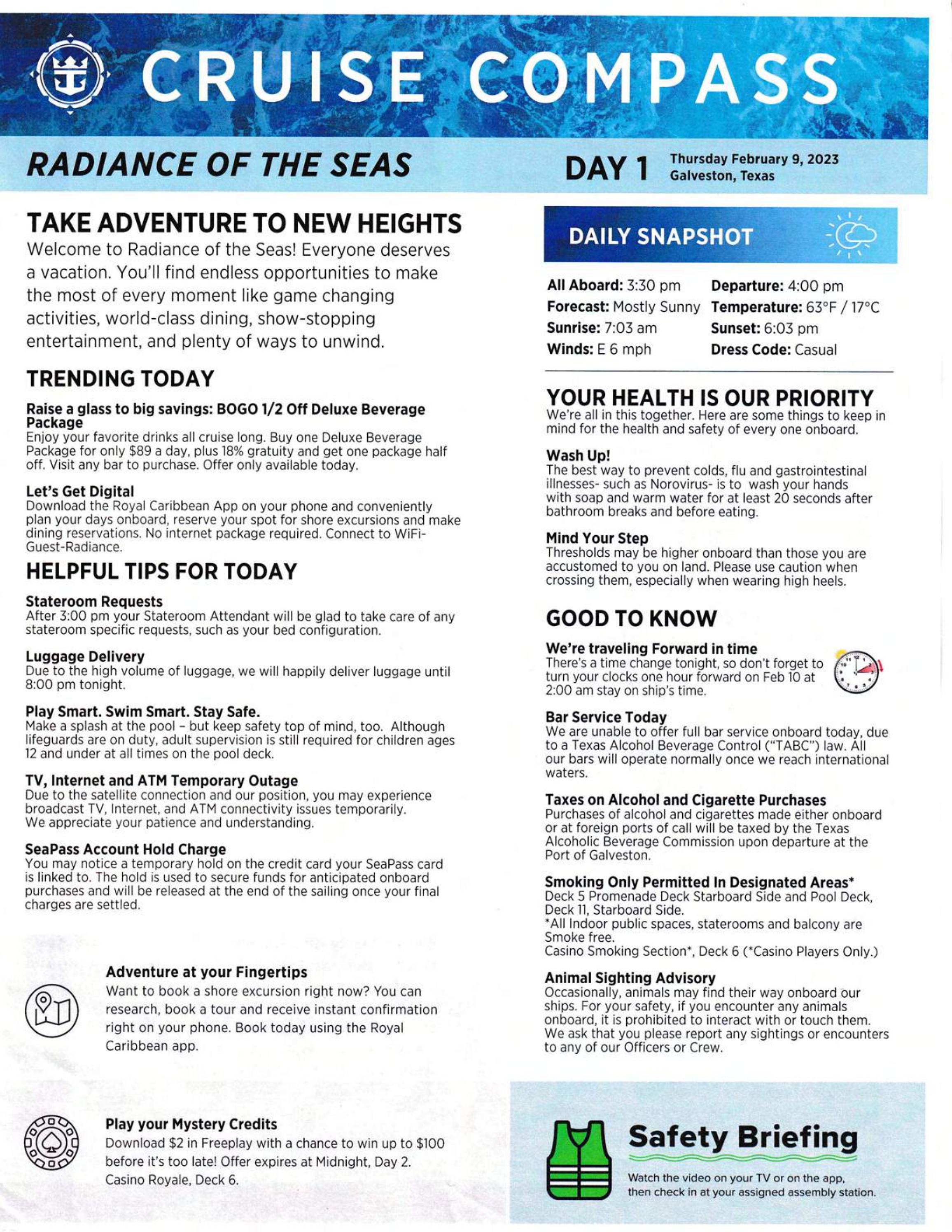 Radiance Of The Seas 9 night Western Caribbean Cruise Compass 
