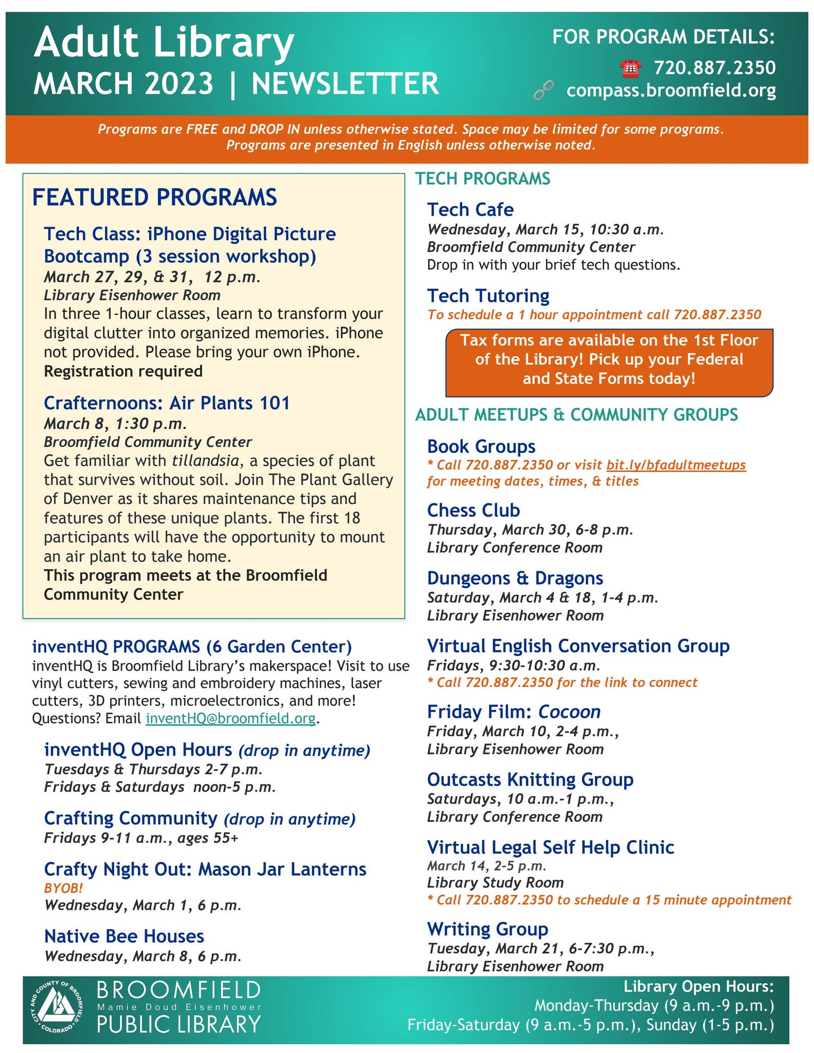 Broomfield Library Adult Newsletter March 2023 by City and County of