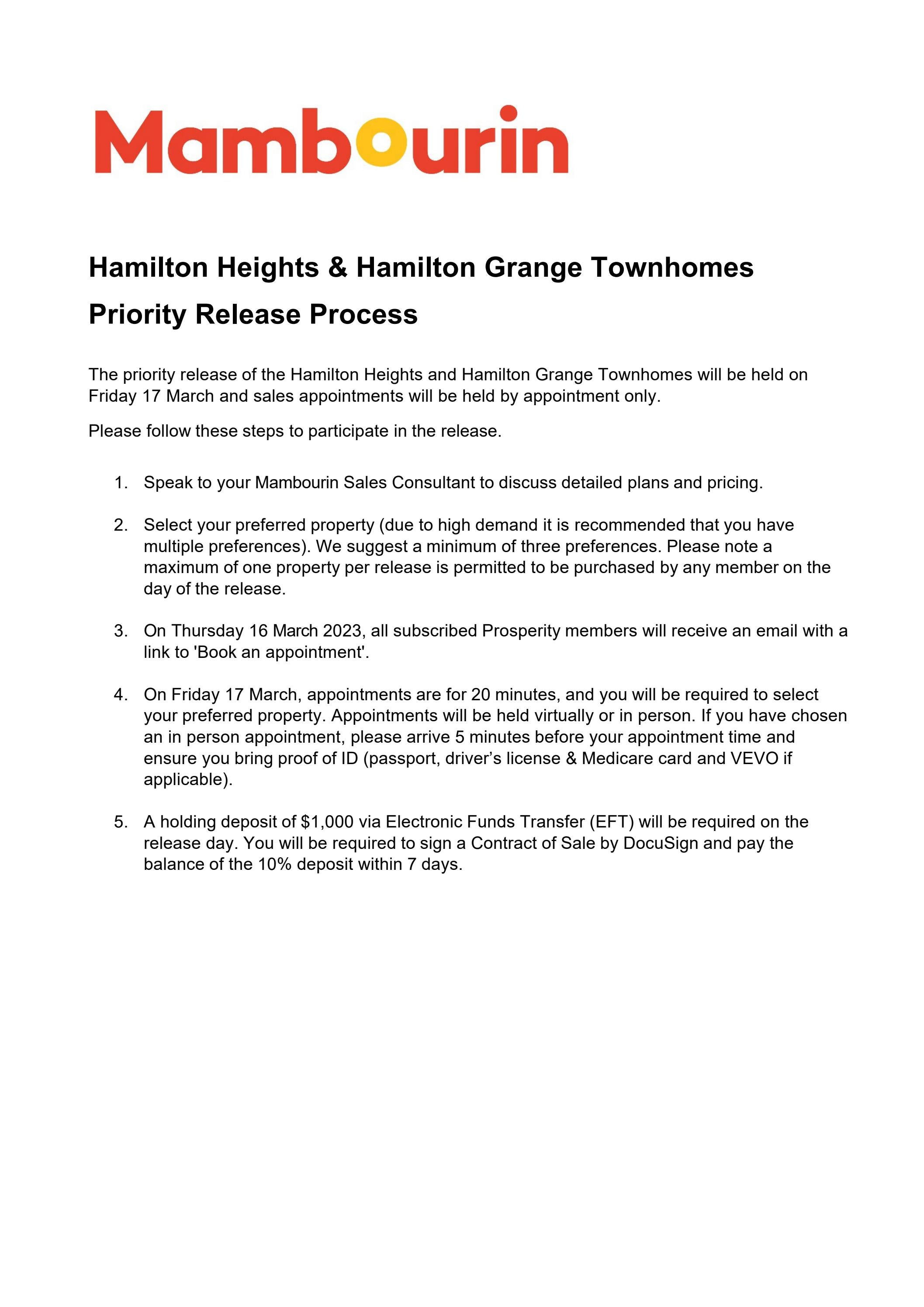 Mambourin Hamilton Heights & Hamilton Grange Townhomes Priority by