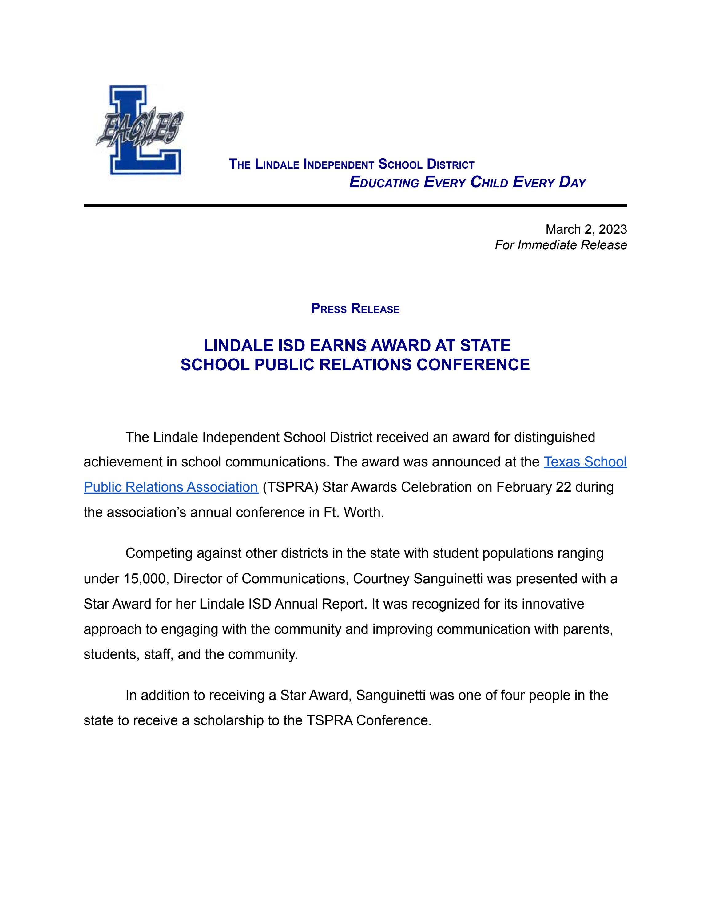 Lindale ISD Earns Award at State School Public Relations Conference by
