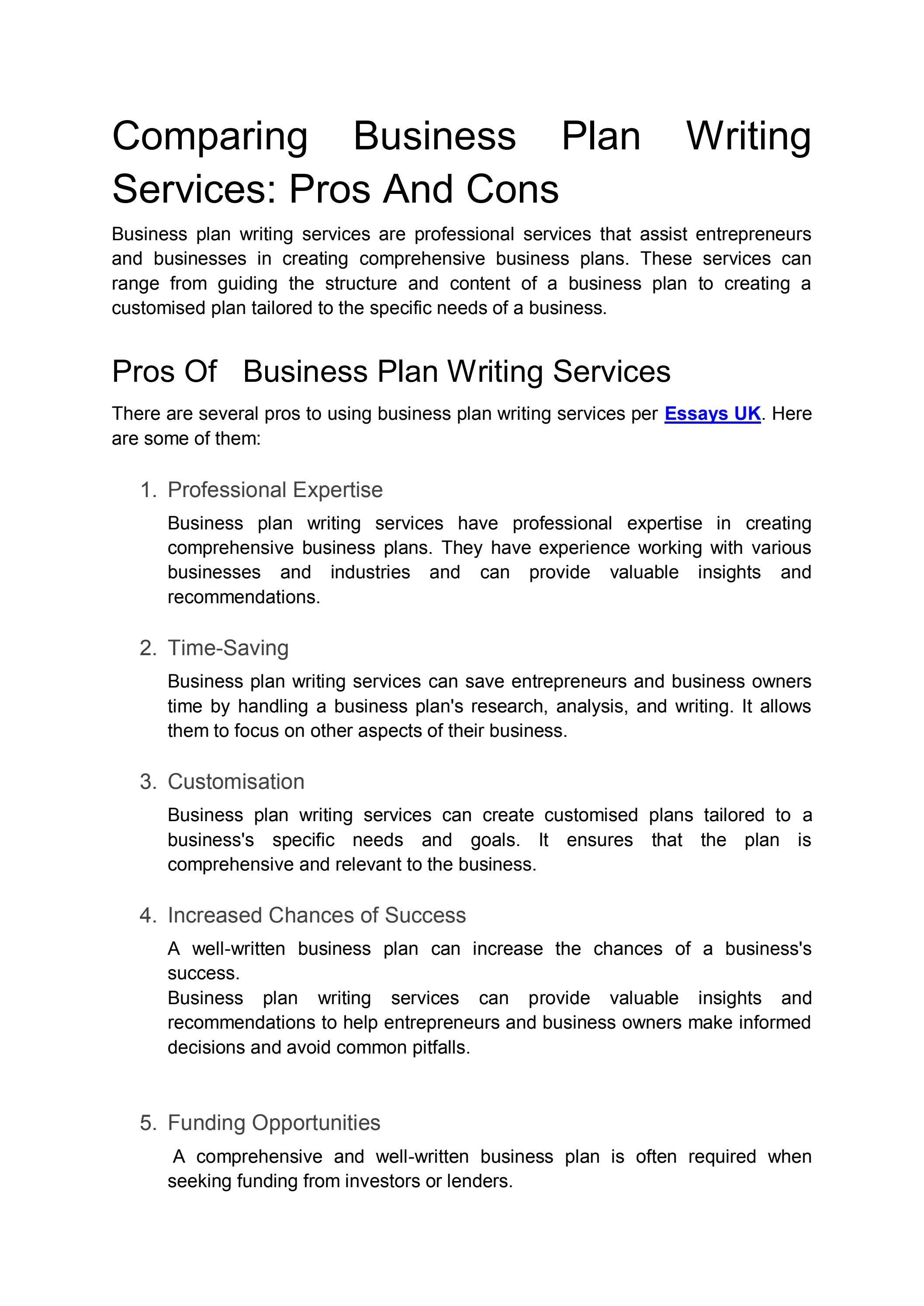 Comparing Business Plan Writing Services Pros And Cons by Essays UK