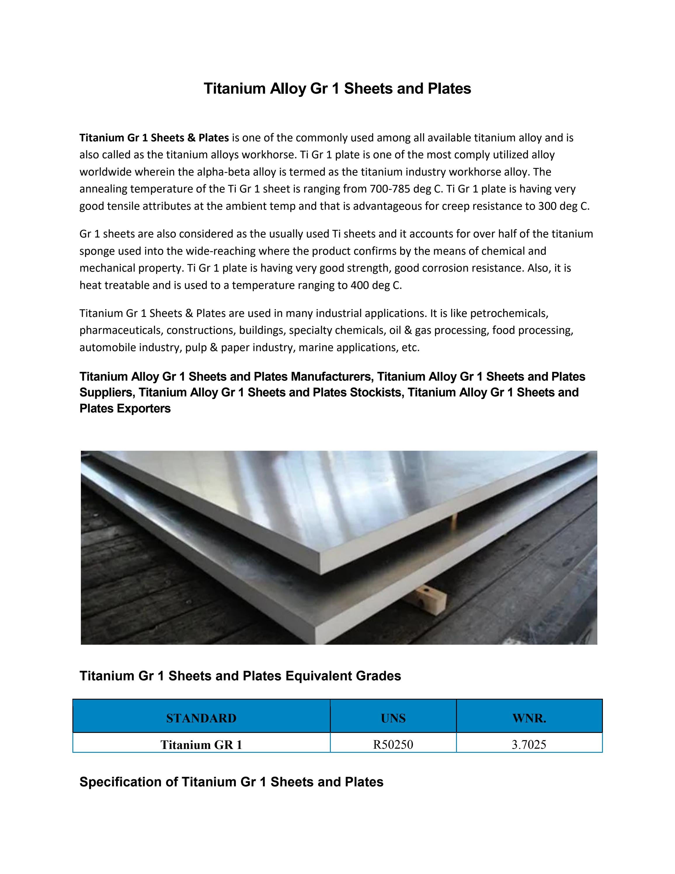 Titanium Alloy Gr 1 Sheets and Plates by tecnoloyinc Issuu