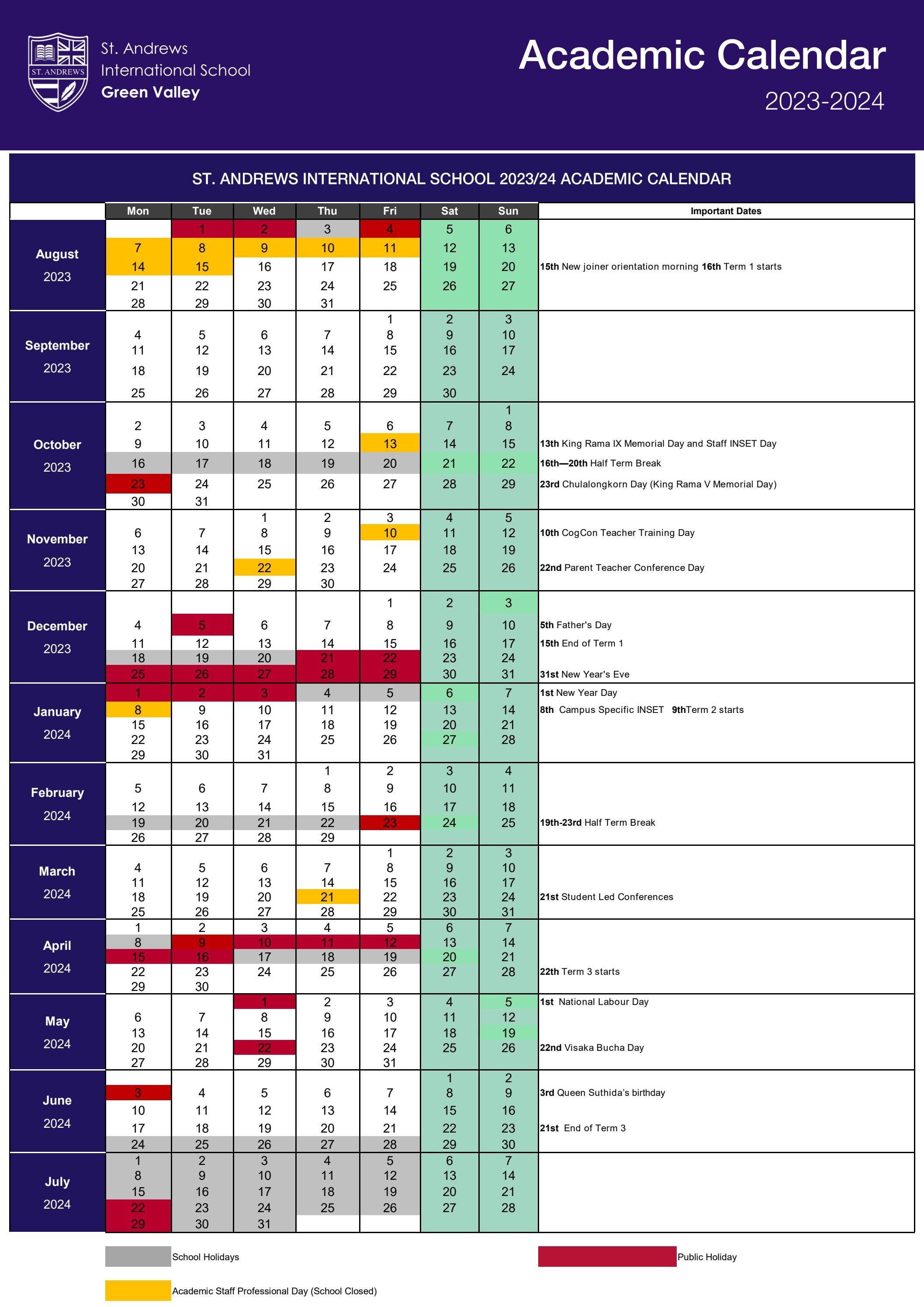 Academic Calendar 2023 24 By St Andrews International School Green Academic Calendar 2023 24 By St Andrews International School Green