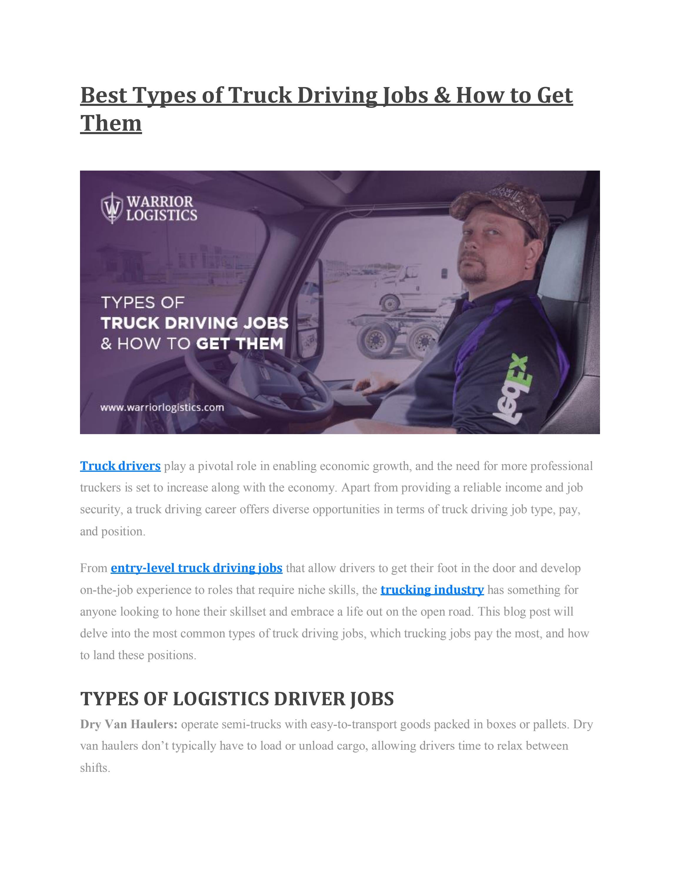 Best Types of Truck Driving Jobs & How to Get Them by warrior logistics