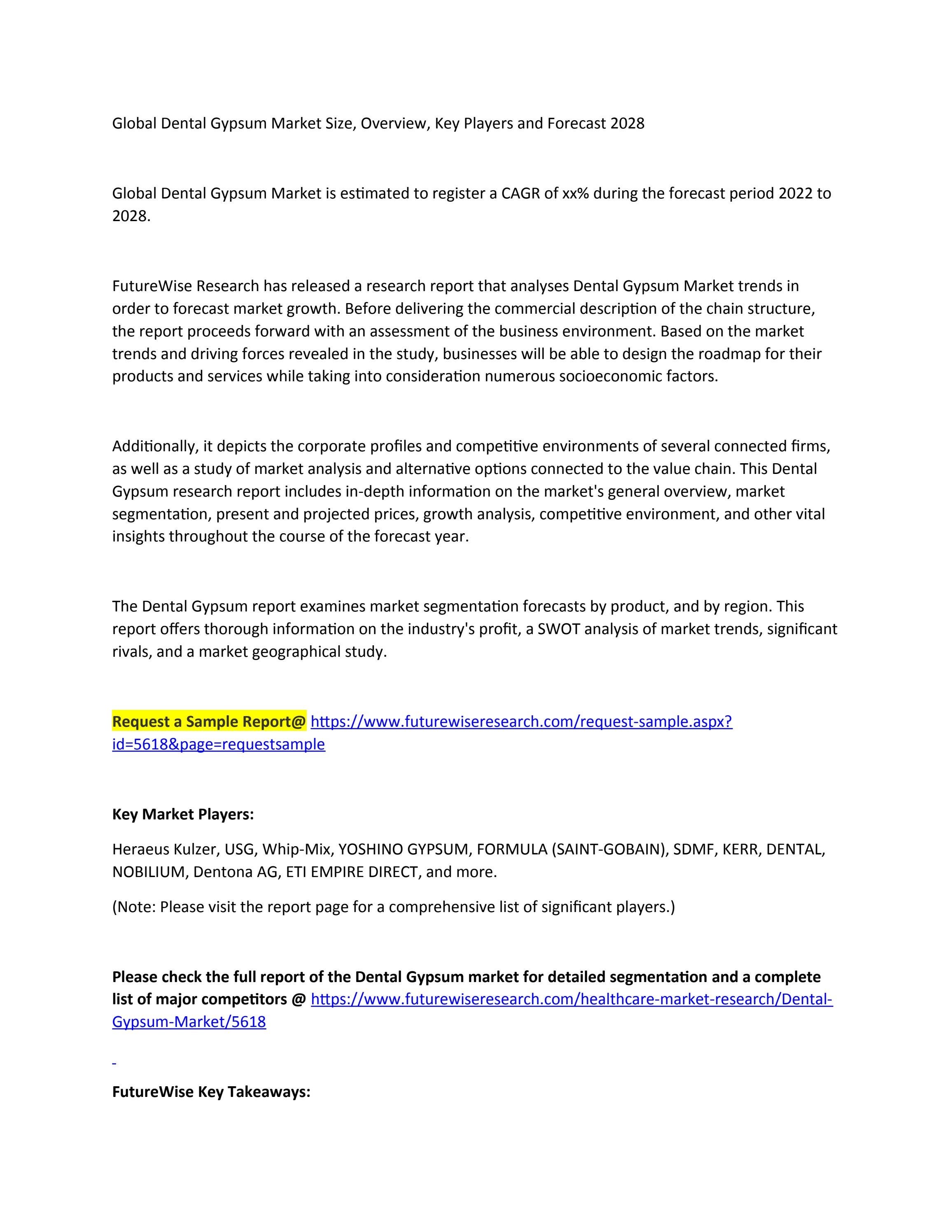 Global Dental Gypsum Market Size, Overview, Key Players and Forecast