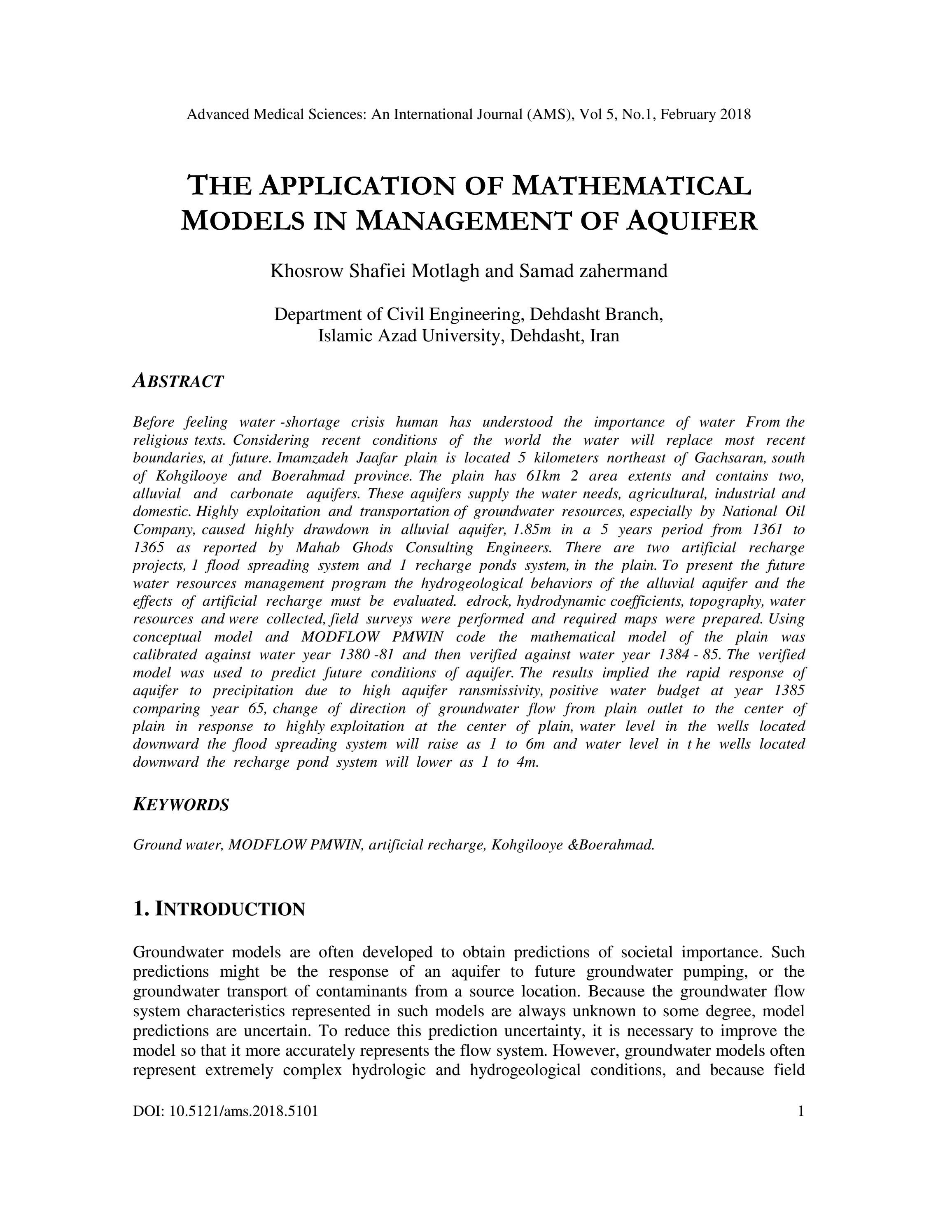 THE APPLICATION OF MATHEMATICAL MODELS IN MANAGEMENT OF AQUIFER By Ams the-application-of-mathematical-models-in-management-of-aquifer-by-ams