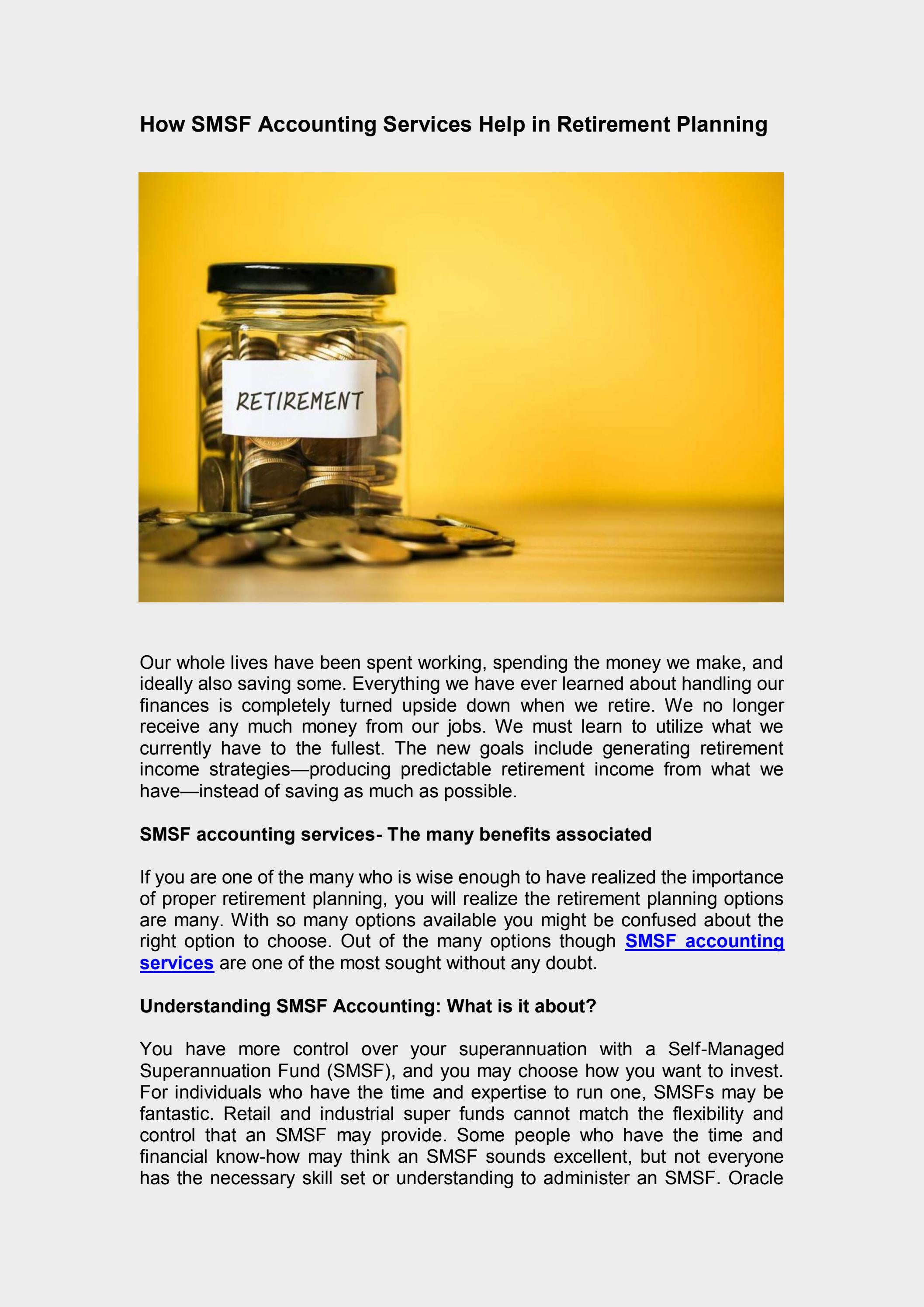 The Role of SMSF Accounting Services in Retirement Planning by IMT Accountants & Advisors Issuu