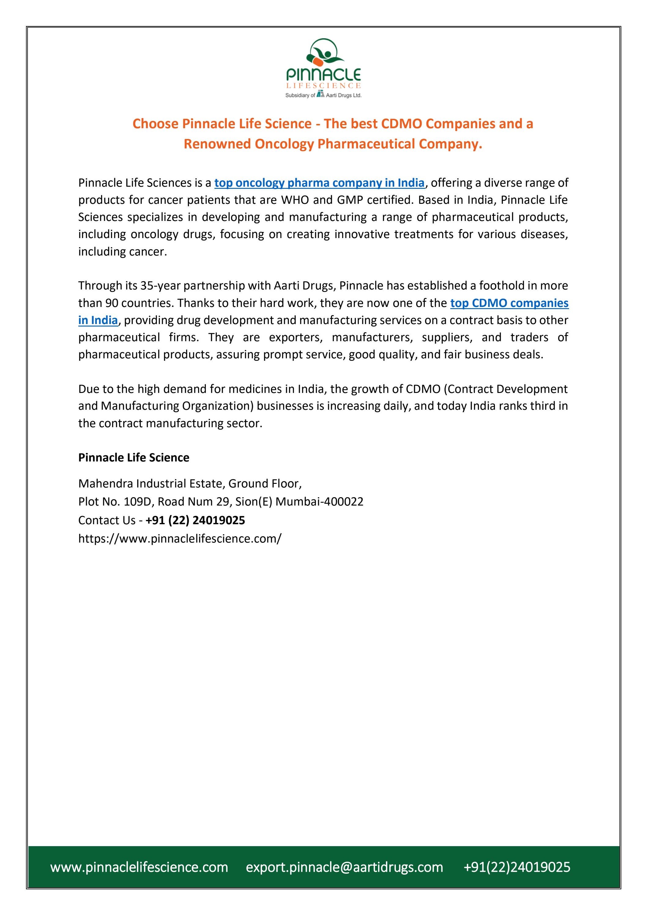 Choose Pinnacle Life Science The best CDMO Companies & a Renowned