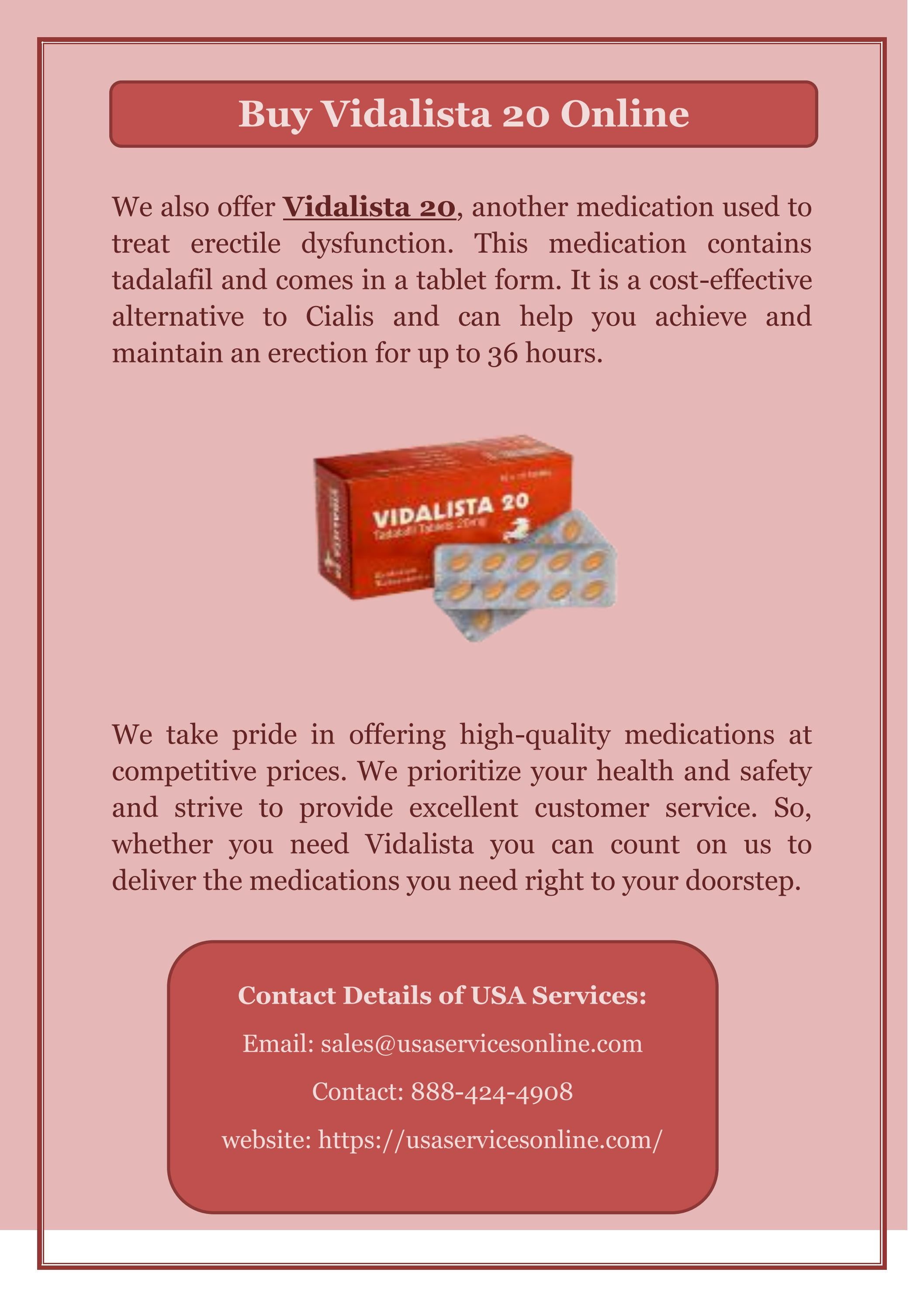 Buy Vidalista 20 Onlin by USA Services Online Pharmacy Order Medicine