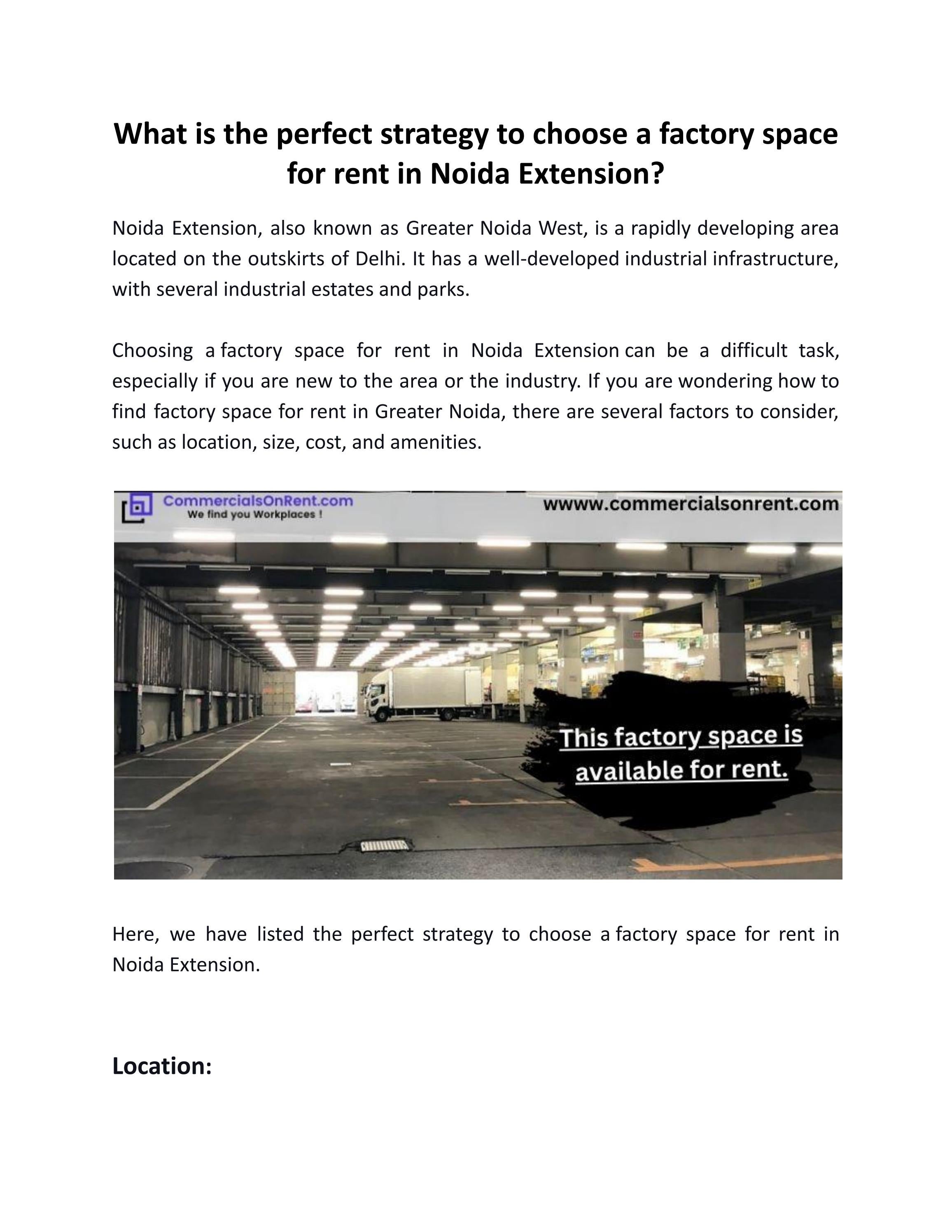 Factory Space for rent in Noida Extension Hot Location Best Offer