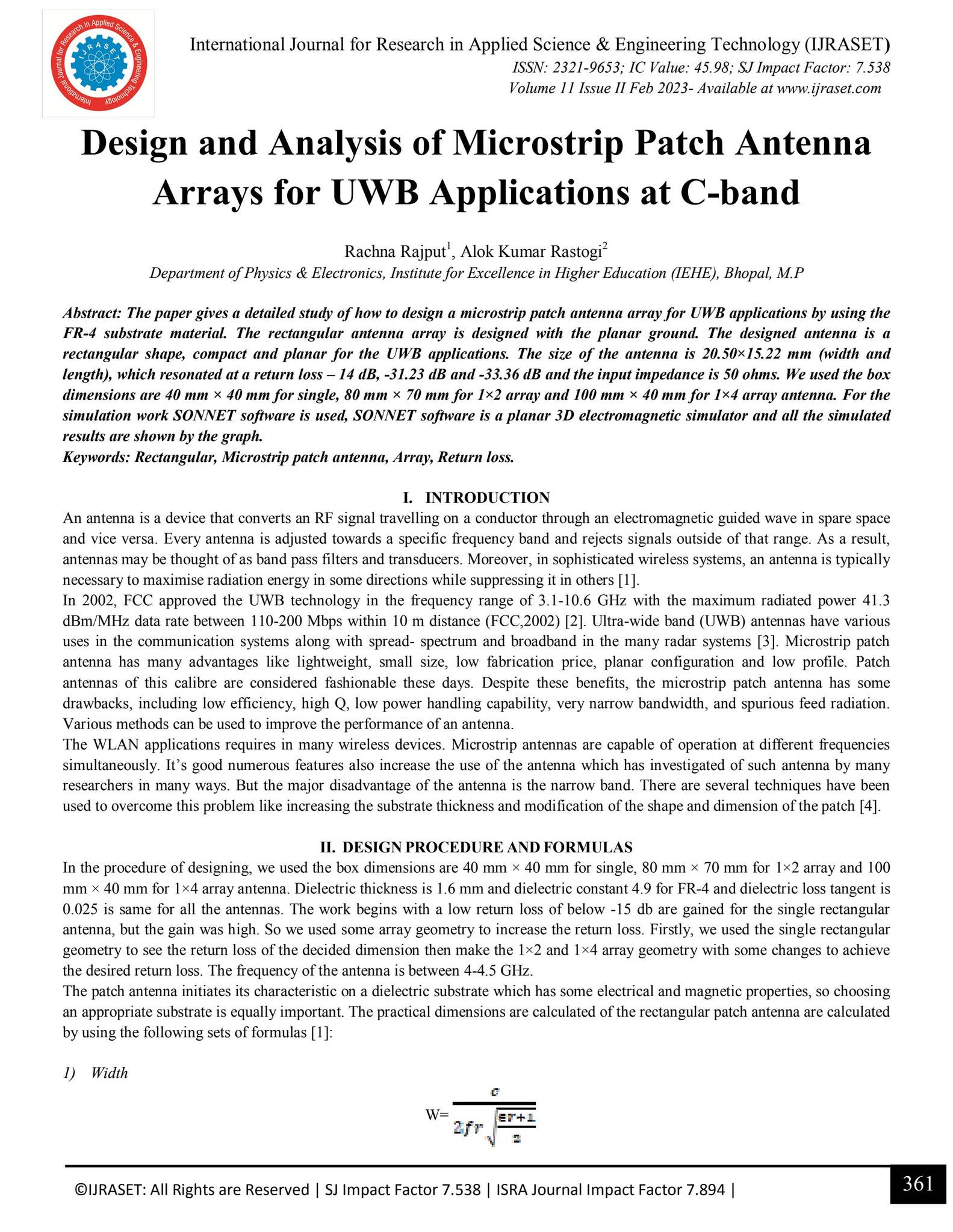 Design and Analysis of Microstrip Patch Antenna Arrays for UWB ...
