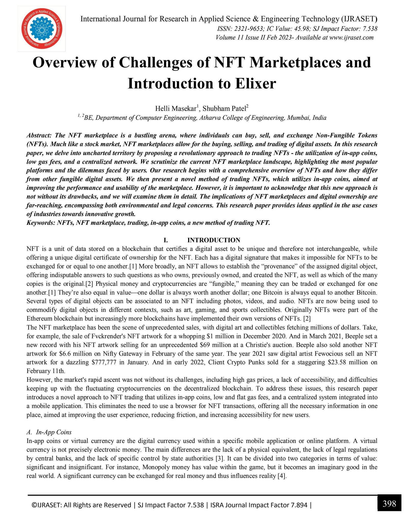 Overview of Challenges of NFT Marketplaces and Introduction to Elixer ...
