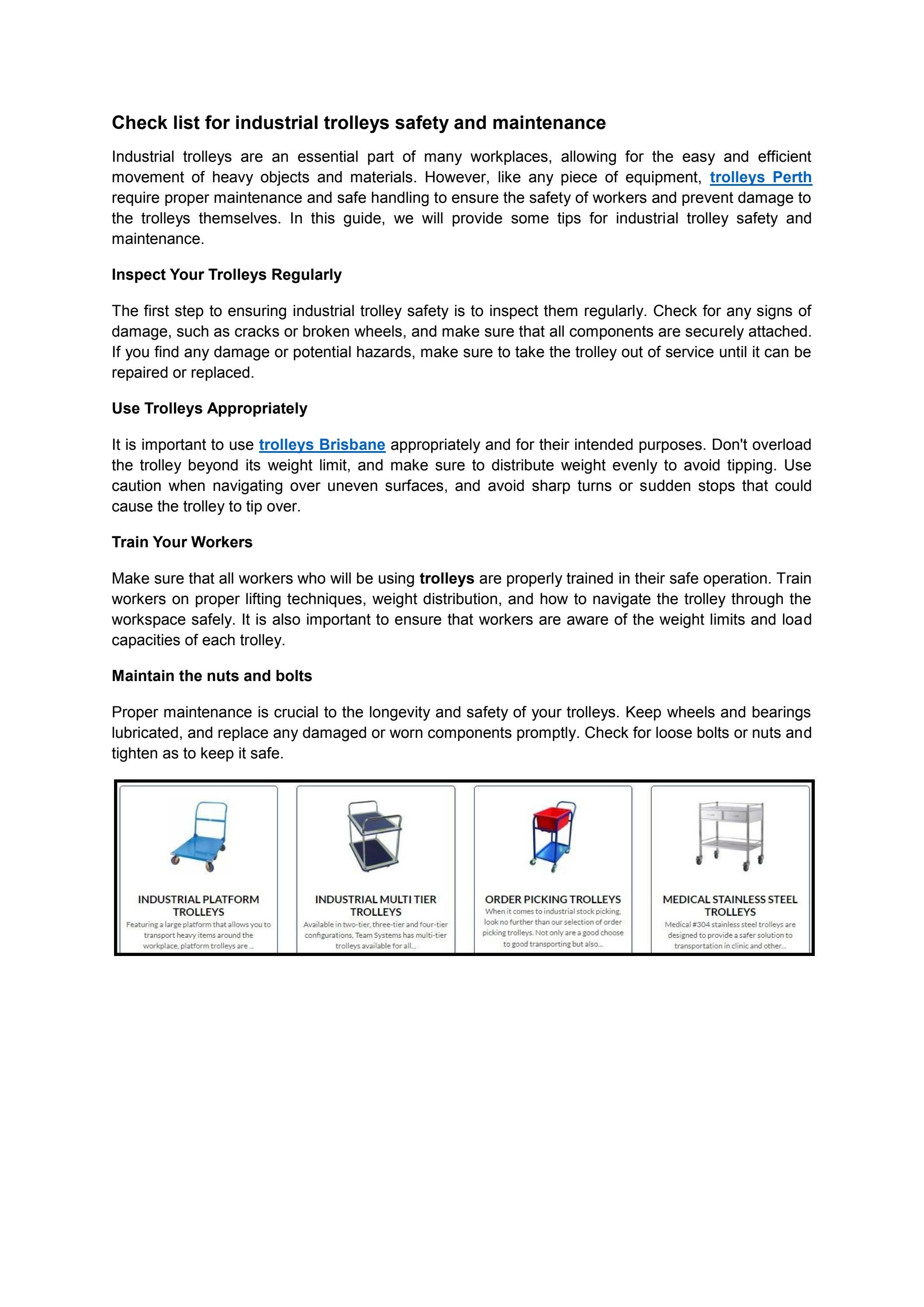 Check list for industrial trolleys safety and maintenance by