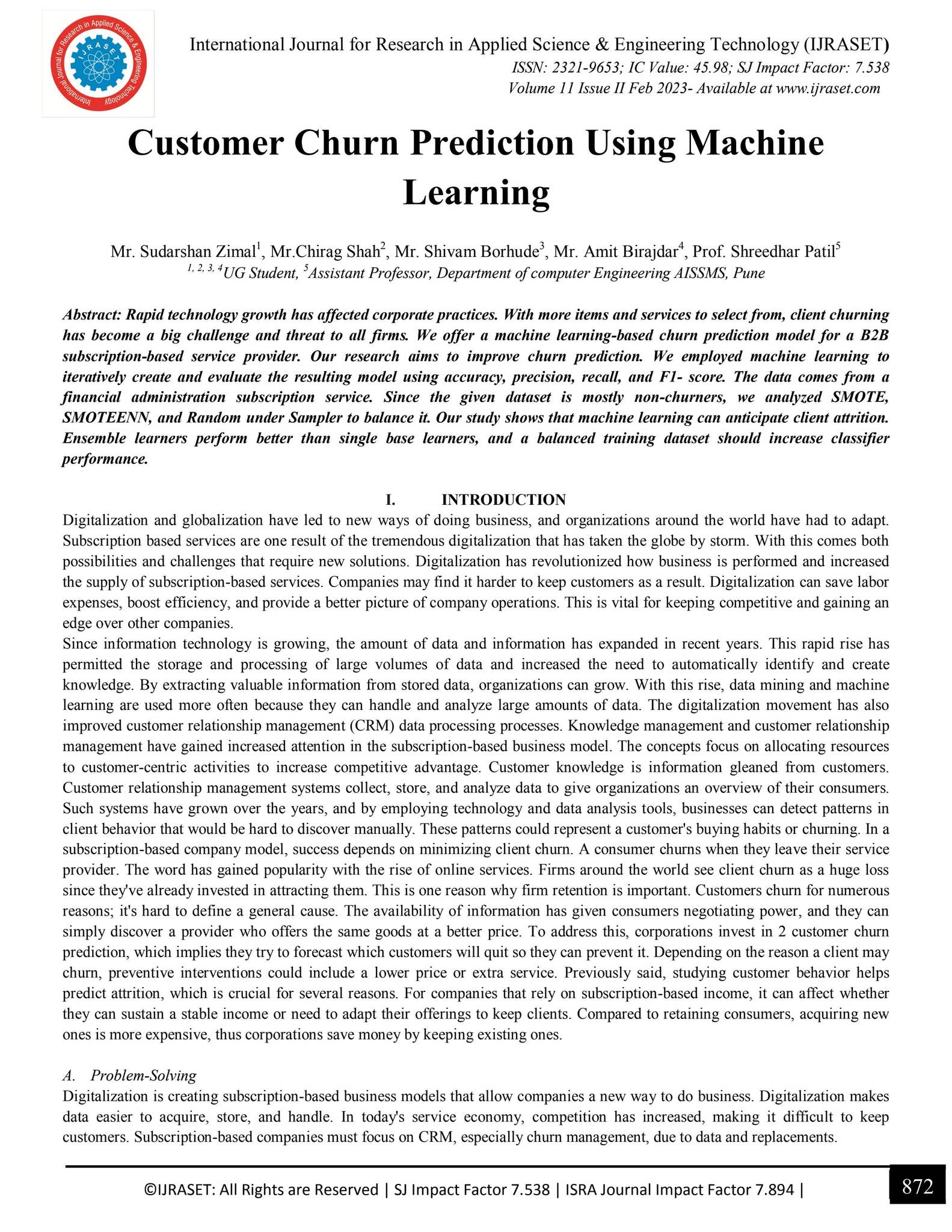 Customer Churn Prediction Using Machine Learning by IJRASET - Issuu