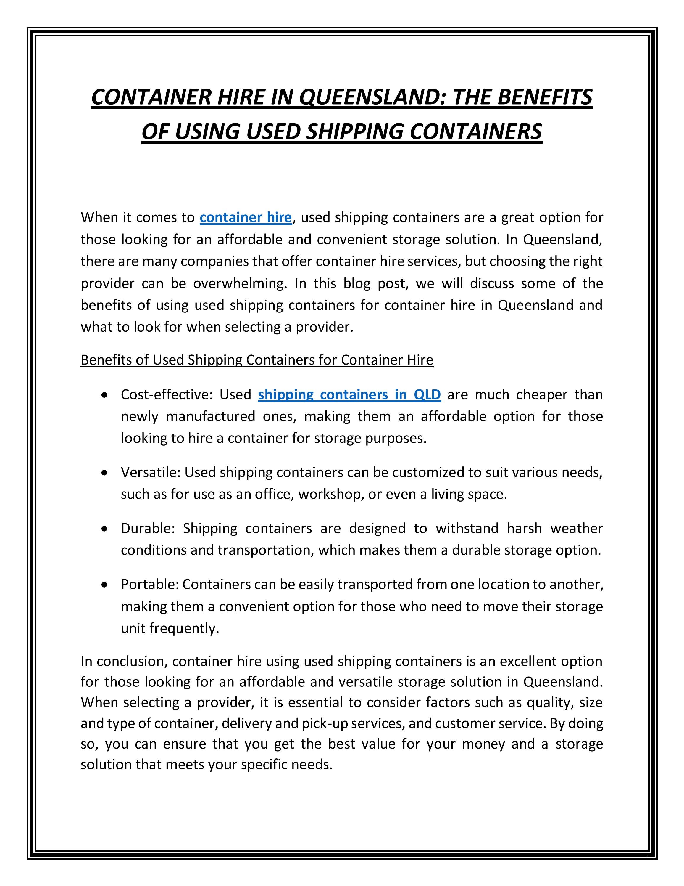 Container Hire in Queensland The Benefits of Using Used Shipping