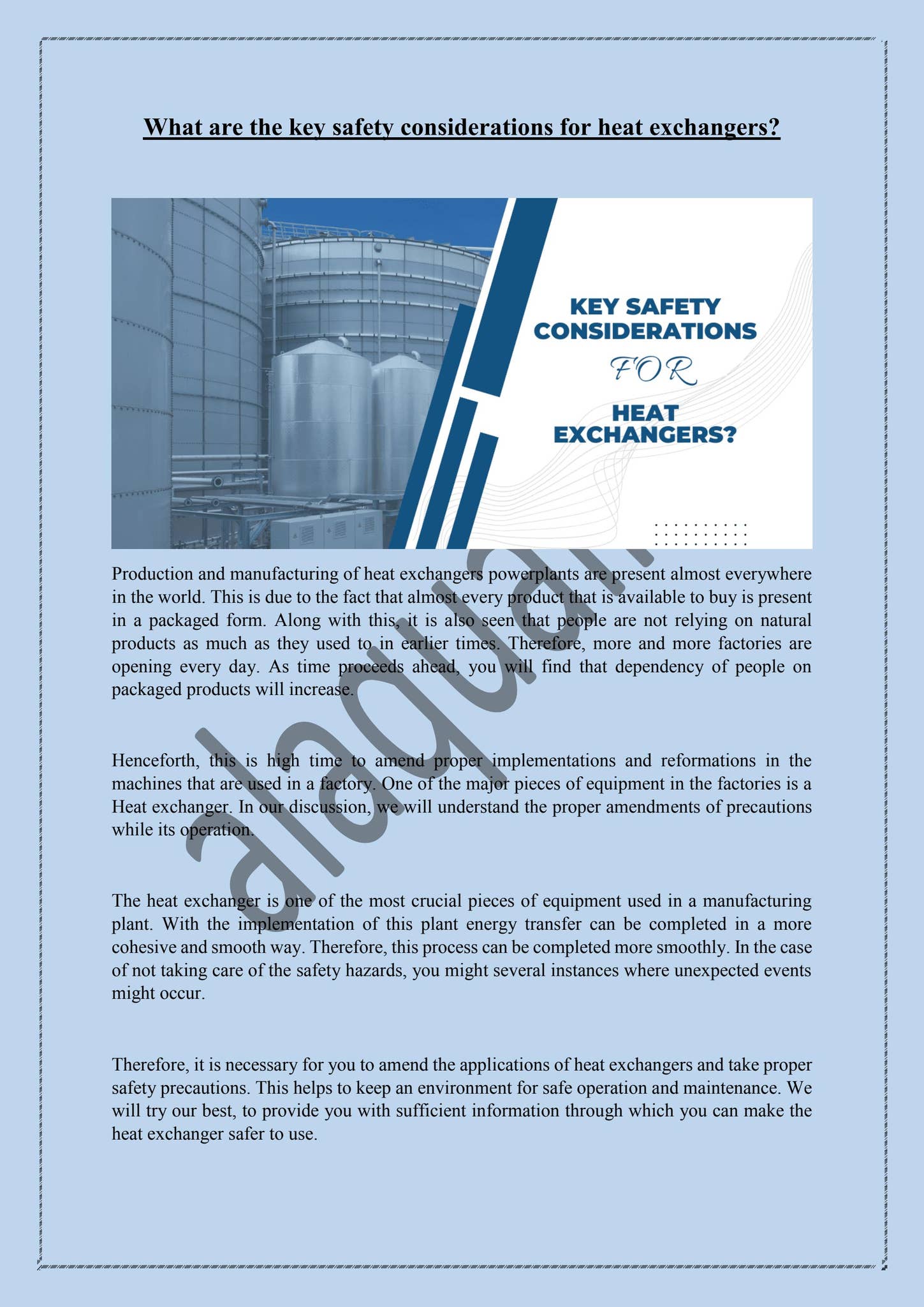What are the key safety considerations for heat exchangers? by Alaqua ...