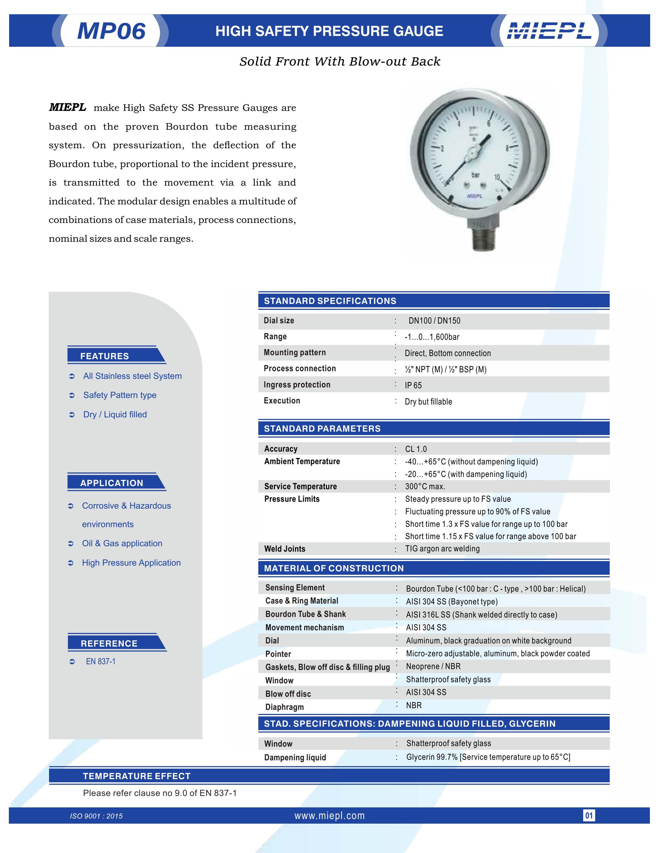 High Safety Pressure Gauge Solid Front With Blowout Back India