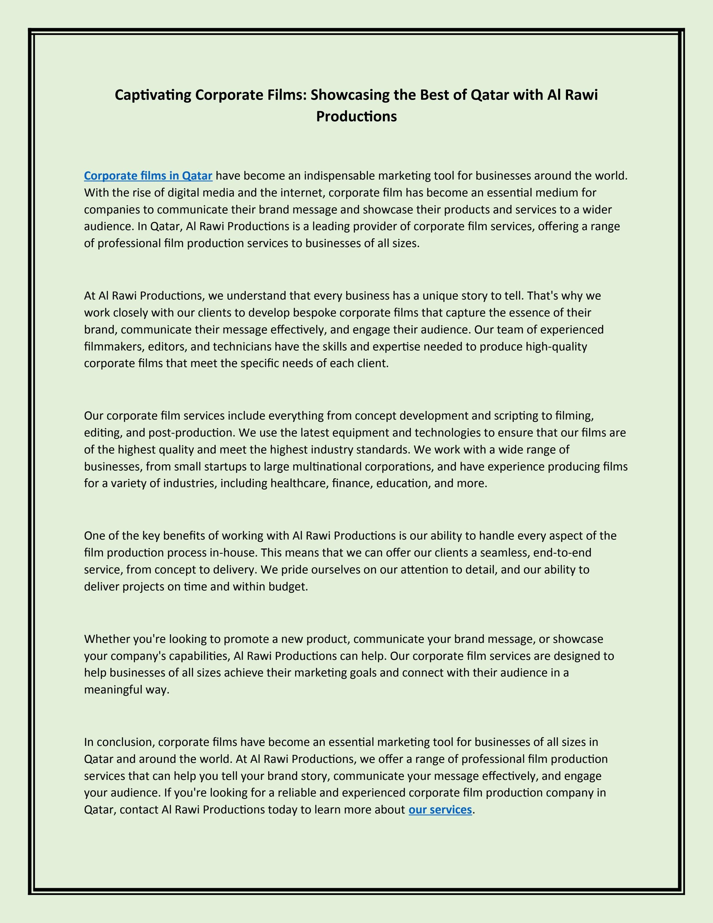 Showcasing the best corporate film in Qatar with Al Rawi Productions by