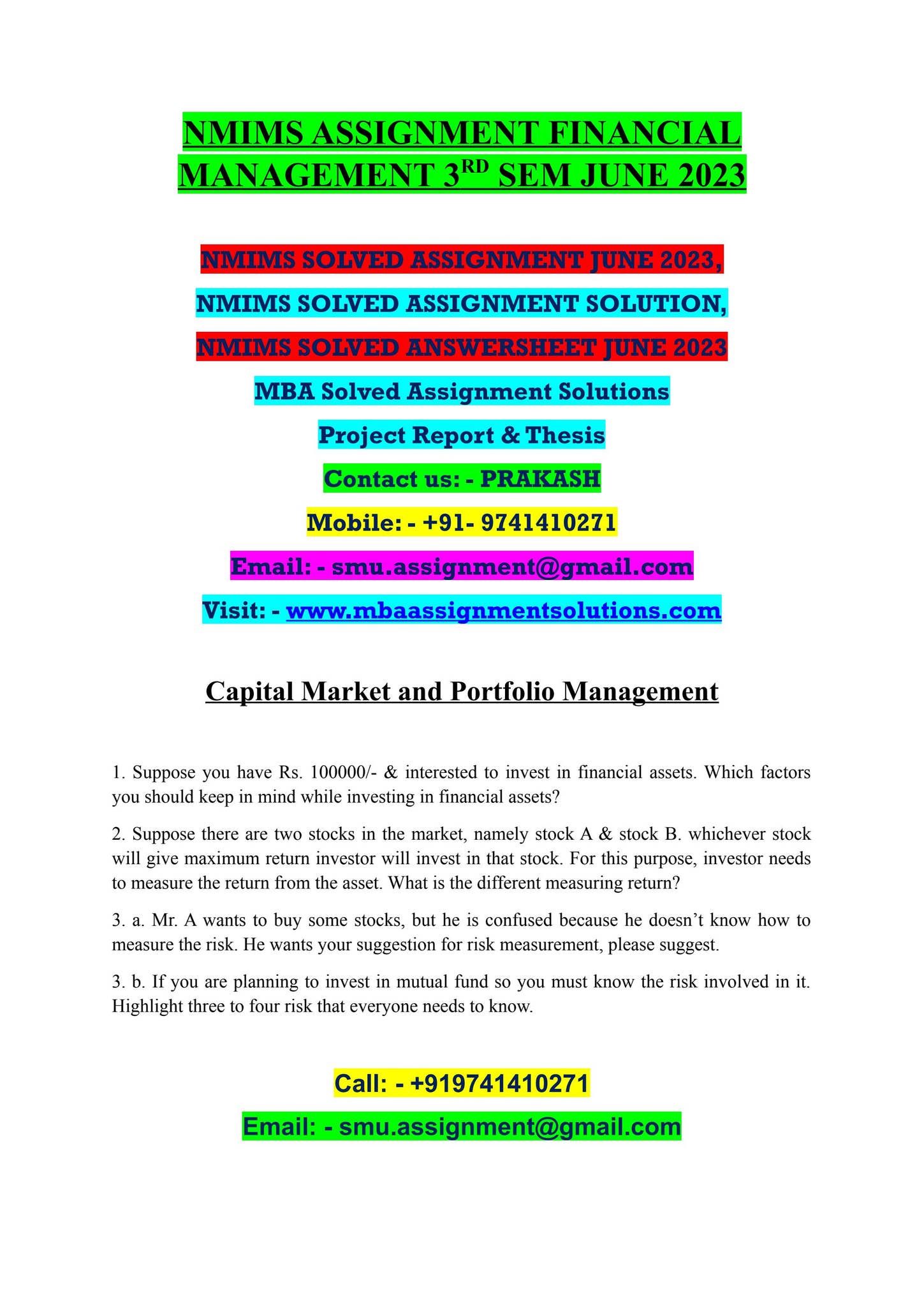NMIMS ASSIGNMENT 3RD SEM JUNE 2023 FINANCIAL MANAGEMENT by Prakash ...