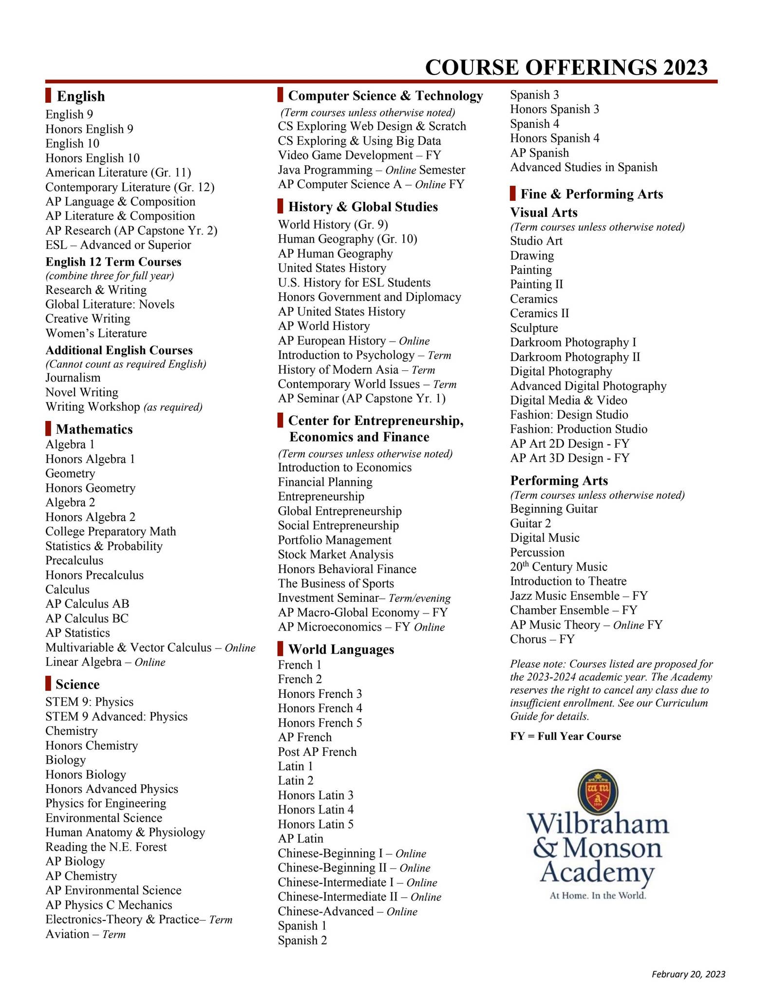 Course Offerings 2023-2024 by Wilbraham & Monson Academy - Issuu