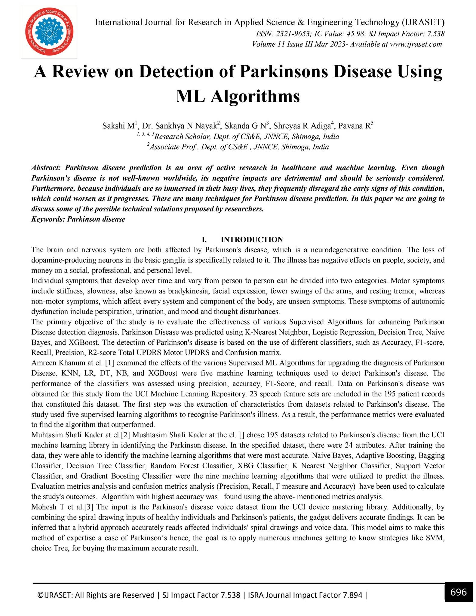 A Review on Detection of Parkinsons Disease Using ML Algorithms by ...