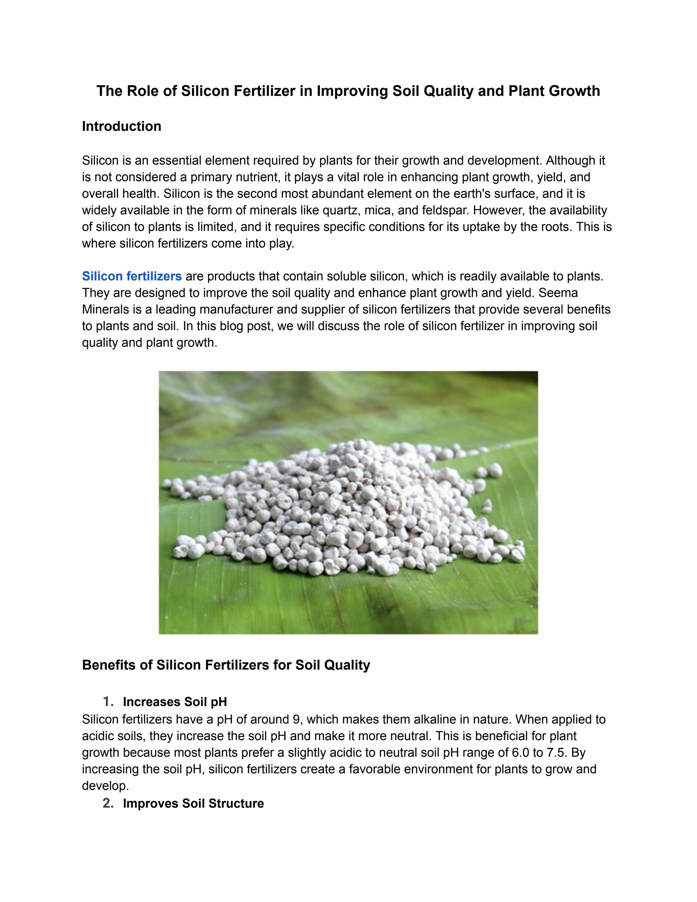 The Role of Silicon Fertilizer in Improving Soil Quality and Plant