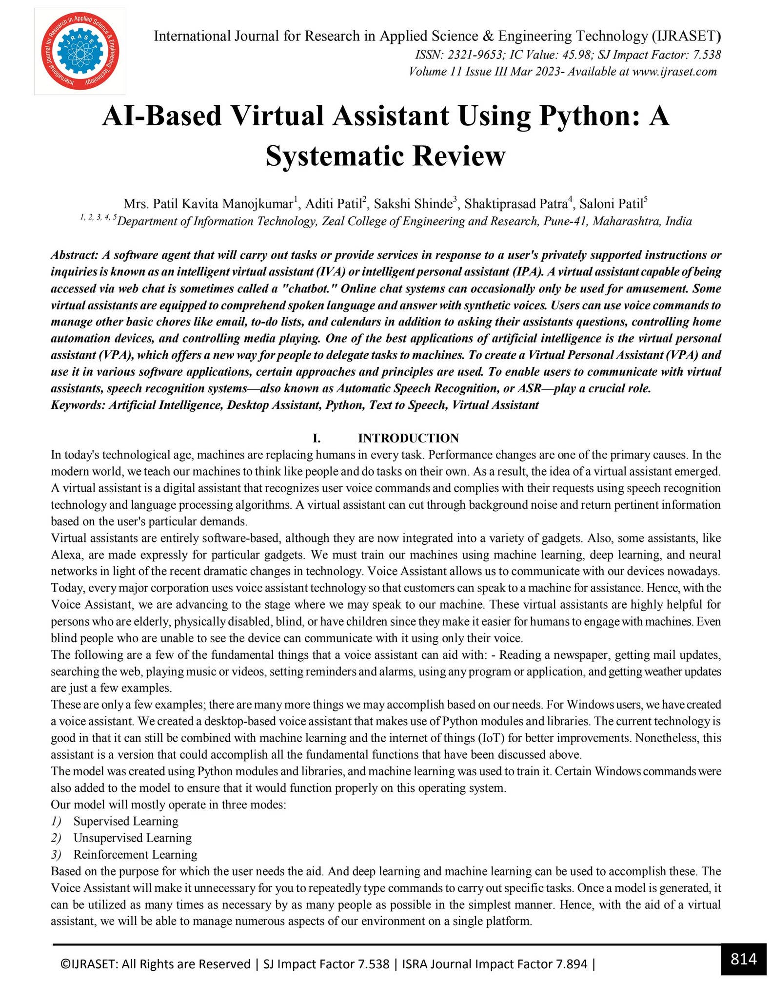 AI-Based Virtual Assistant Using Python A Systematic Review by IJRASET ...