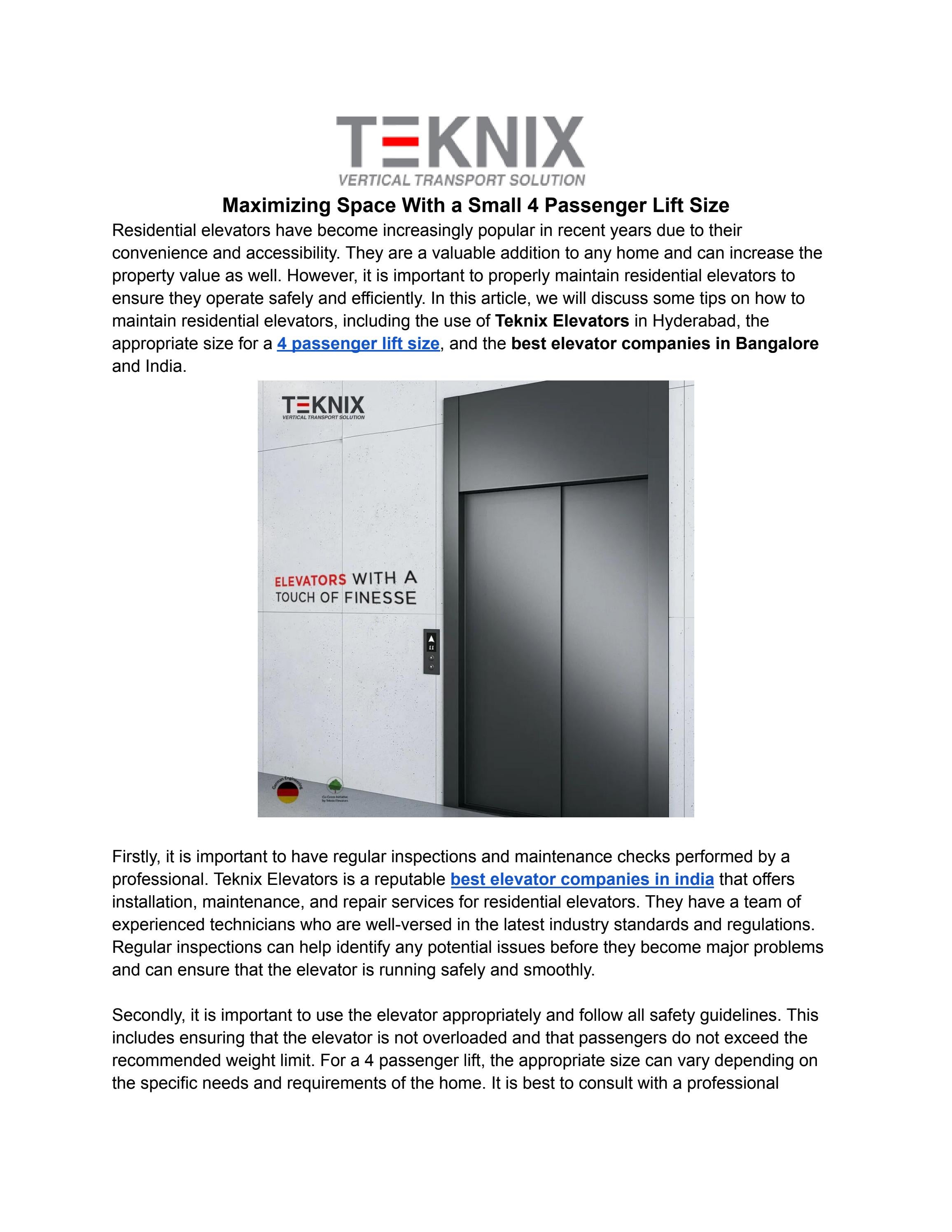Maximizing Space With a Small 4 Passenger Lift Size by Teknix Elevators