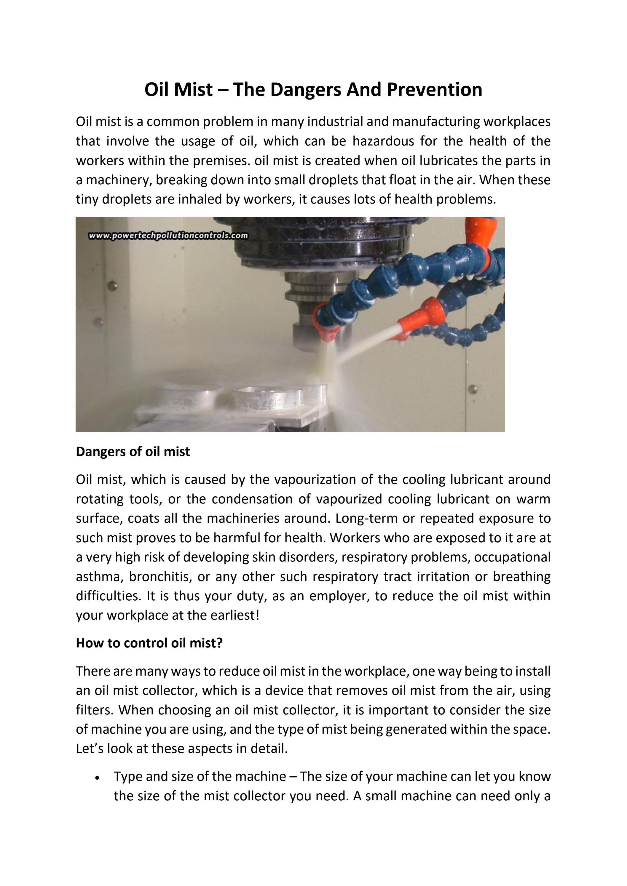 Oil Mist The Dangers And Prevention by Powertech Pollution Controls