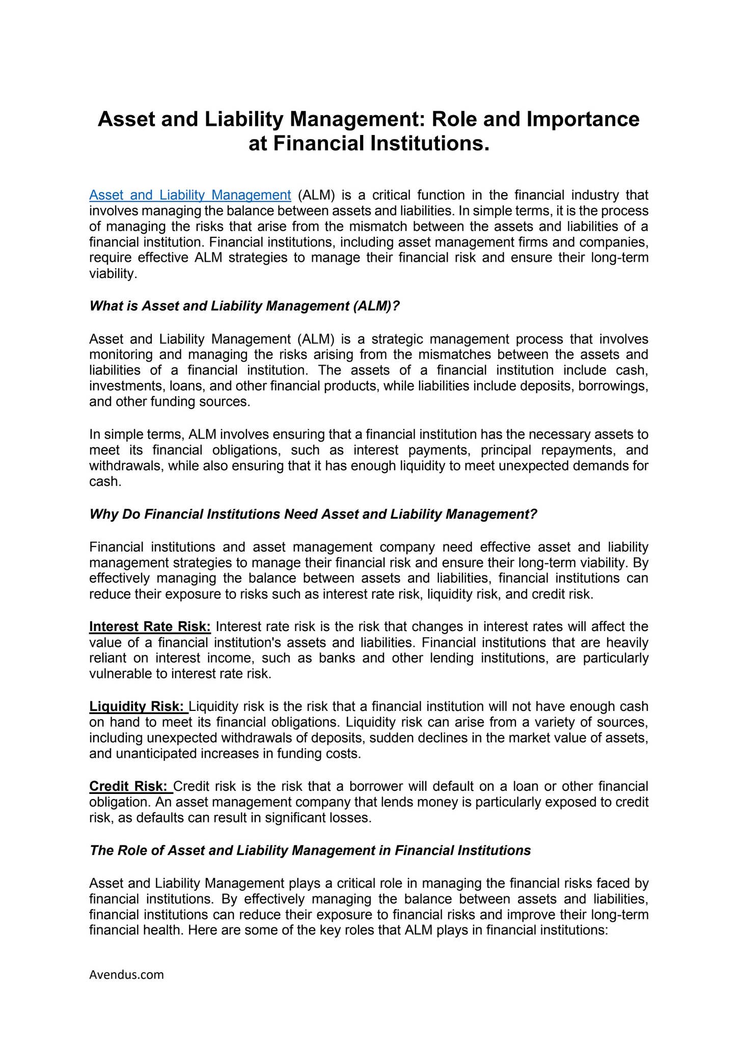 Asset and Liability Management: Role and Importance at Financial ...