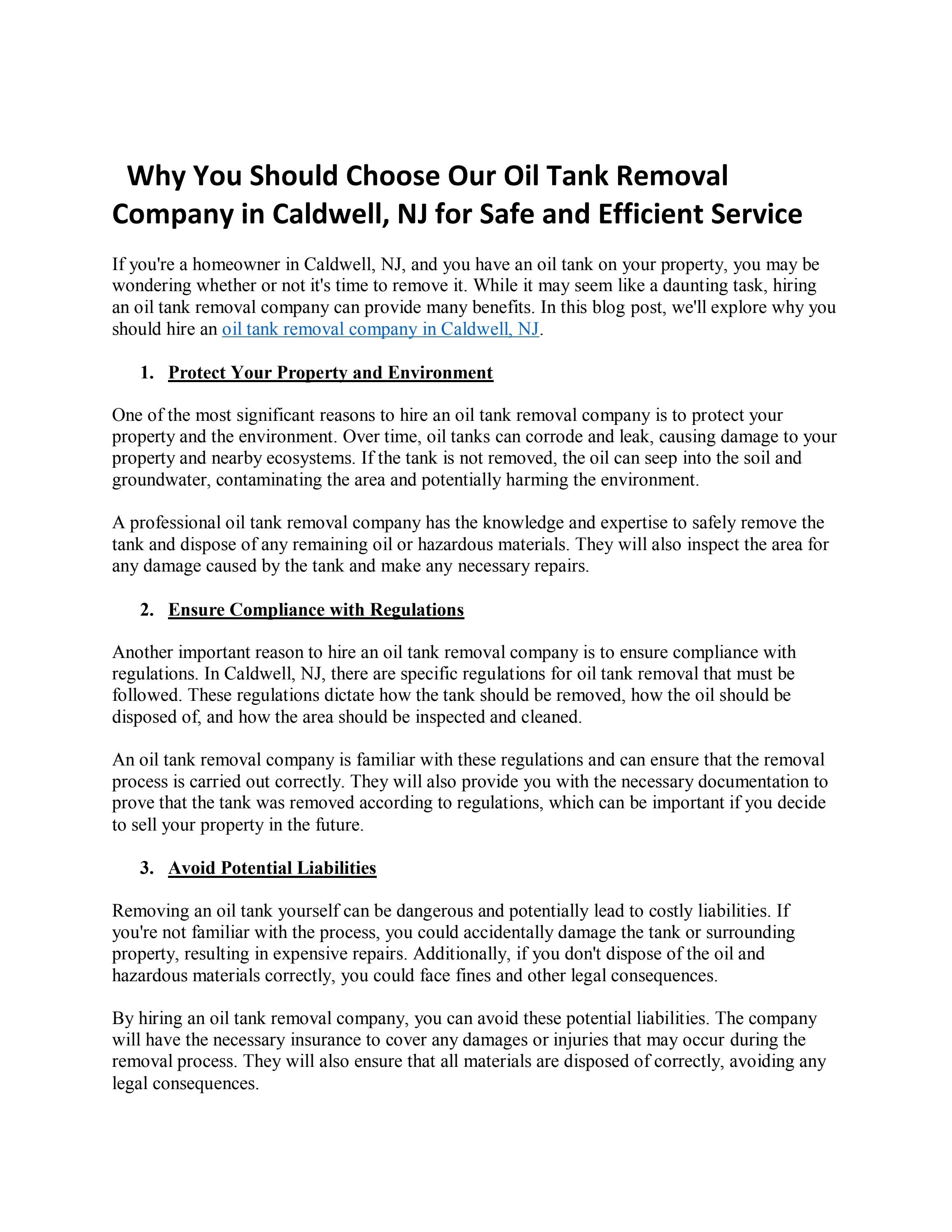 Why You Should Choose Our Oil Tank Removal Company in Caldwell, NJ for