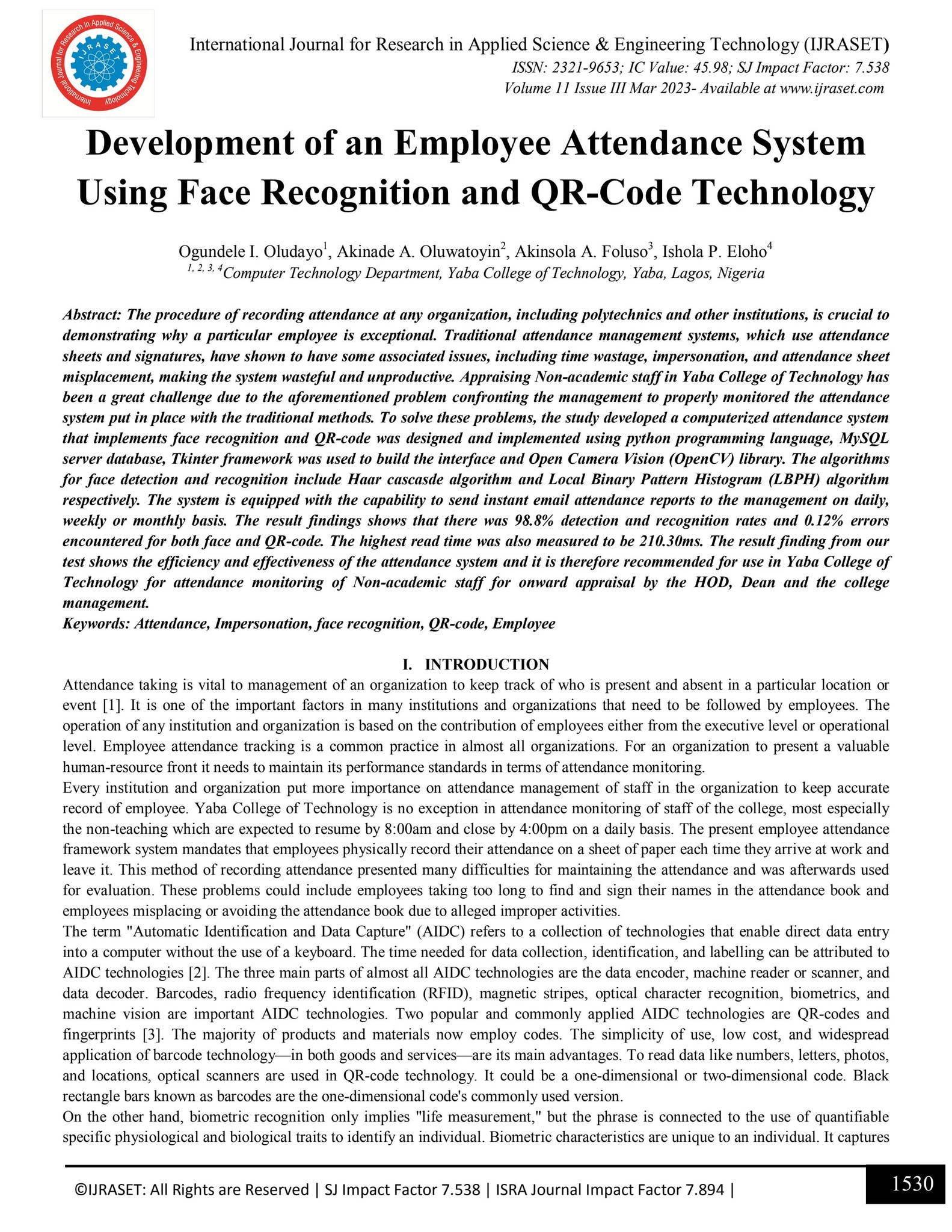 Development of an Employee Attendance System Using Face Recognition and ...