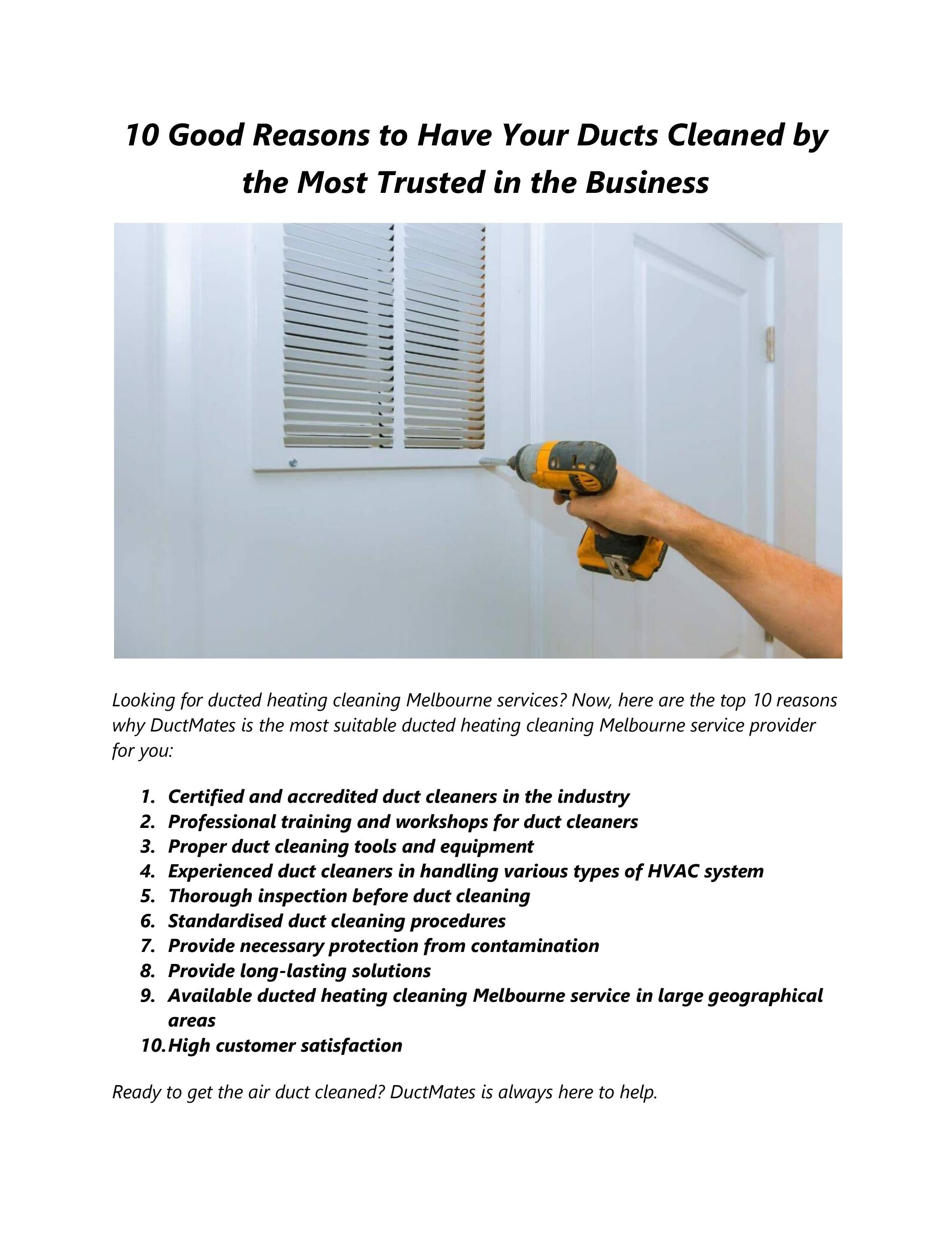 10 Good Reasons to Have Your Ducts Cleaned by the Most Trusted in the