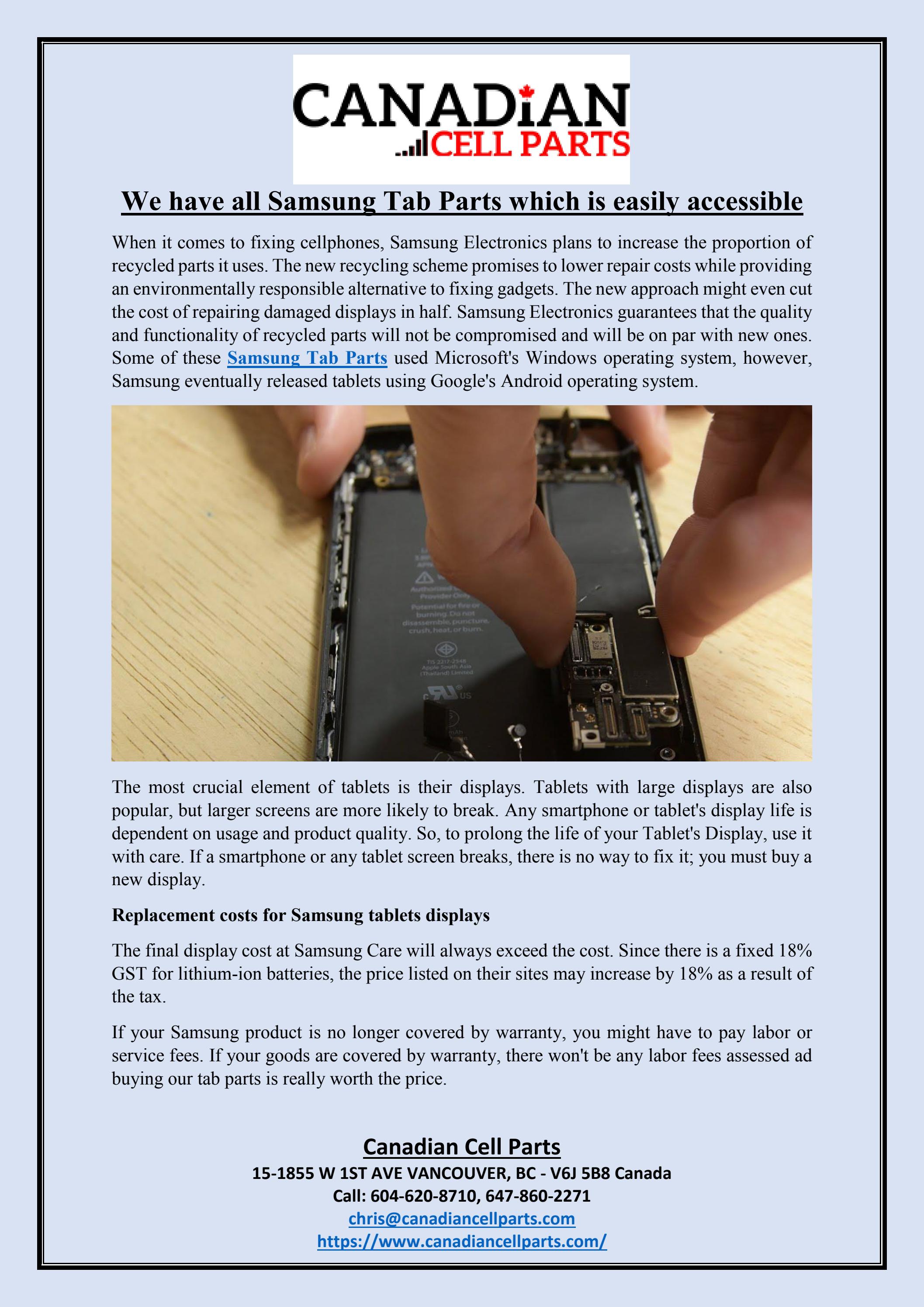 We have all Samsung Tab Parts which is easily accessible by Canadian